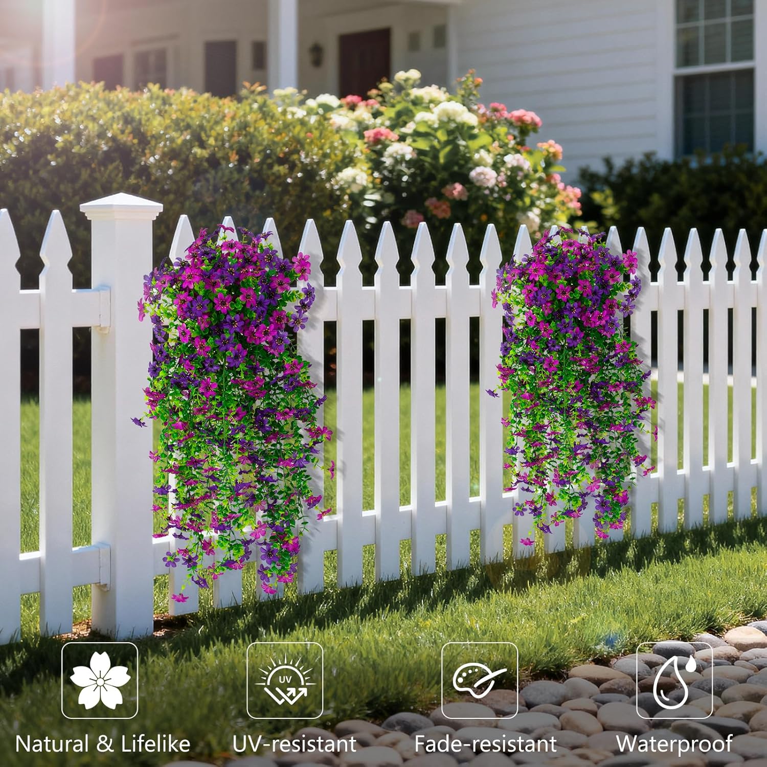 Artificial Flowers for Outdoors Decoration, 2 PCS Fake Flower Plants UV Resistant Faux Hanging Spring Flowers for Home Porch Garden Patio Yard (Mix Light Purple and Purple) - Image 2