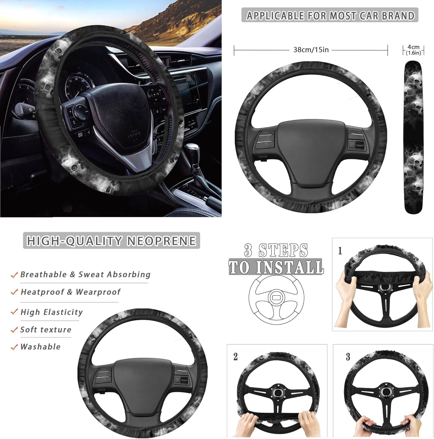 Gothic Skull Car Seat Cover Set 14 Pieces, with Steering Wheel Cover Seat Belt Cushion Pad Trash Bag Rearview Mirror Armrest Seat Box Cover Handbrake Cover Set Coasters Gifts for Men Women