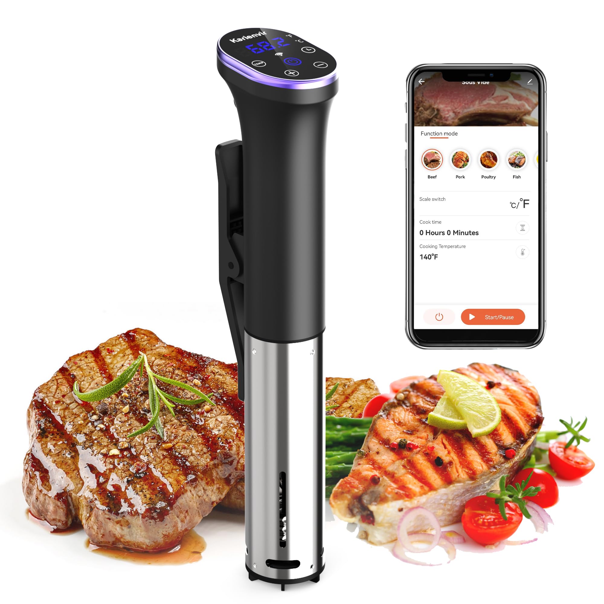 WiFi Sous Vide Roner 1100W, Wi-Fi Roner Cucina a Bassa Temperatura con Controllo APP e Controllo Accurato Della Temperatura, LED Display, Impermeabilità IPX7, 10℃-90℃