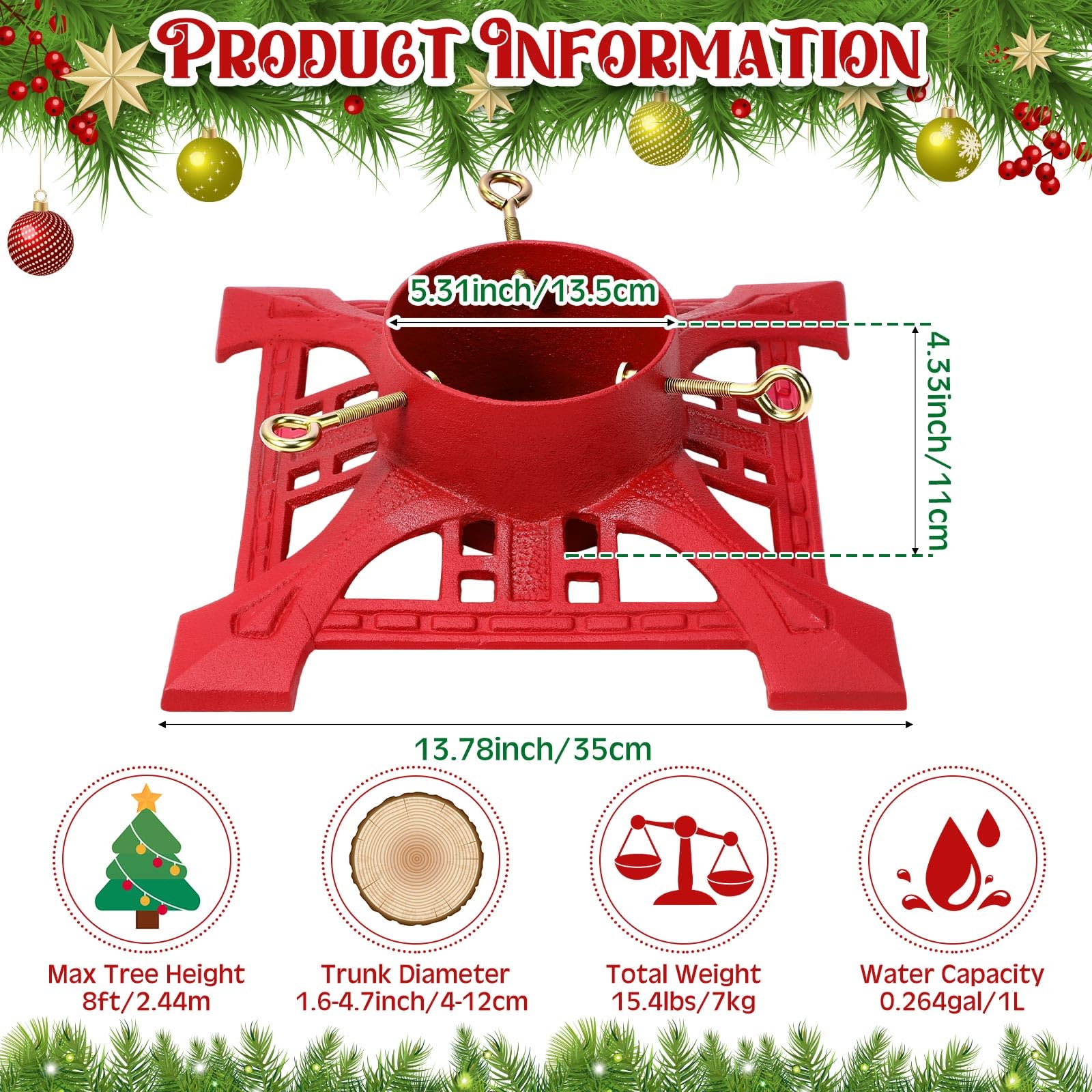 Huwena Support de sapin de Noël avec réservoir d'eau de 2,4 m, support de sapin de Noël artificiel véritable pour sapin de Noël jusqu'à 12,7 cm, base en fonte pour décoration rustique de Noël (rouge