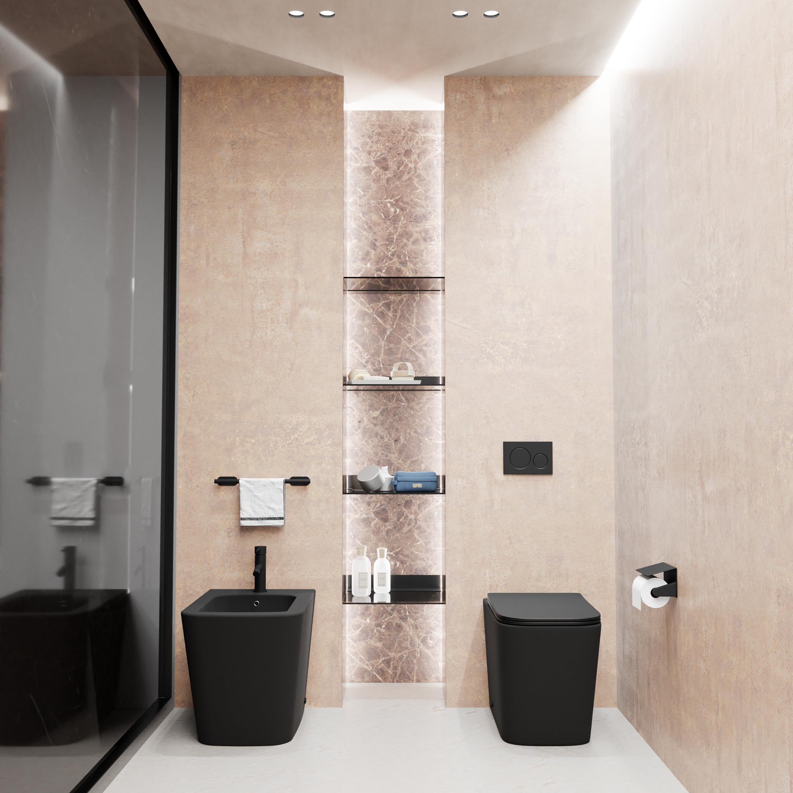 Sanitaires en céramique filomure noir mat cuve sans bordure bidet siège soft-close fermeture lente modèle Londra