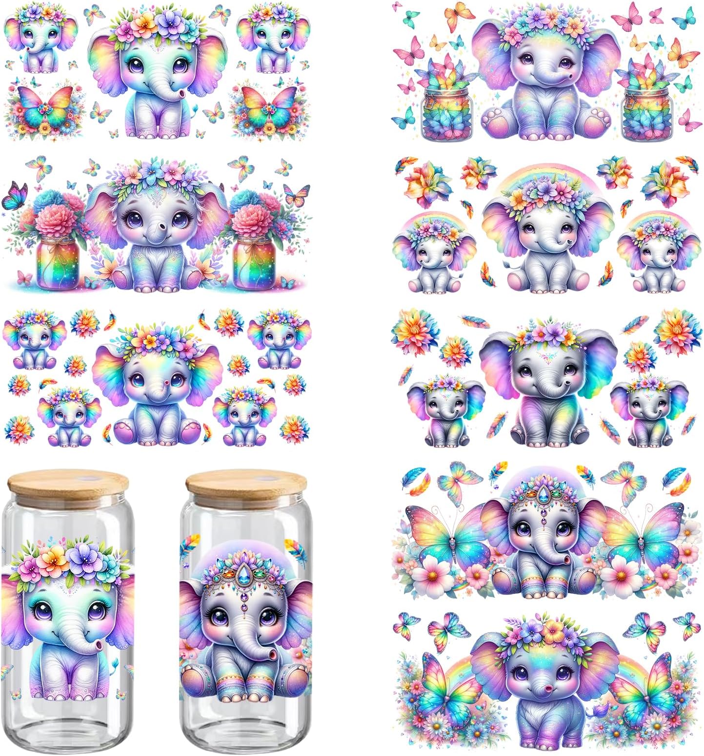 UV DTF Cup Wraps, 8 Sheets UV DTF Cup Wraps for 16 oz, Glass Cup Decals, Wood Craft Supplies (Elephant)
