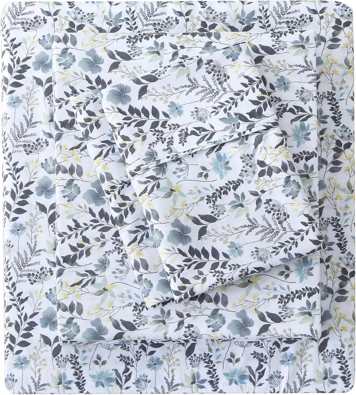 Mooreeke Cozy Vintage Microfiber Printed Full Sheet Set - Soft Breathable Floral Bed Sheets with Deep Pocket - Non-Slip Fitted Design - Yellow Blue Gray Gradient Flowers Pattern