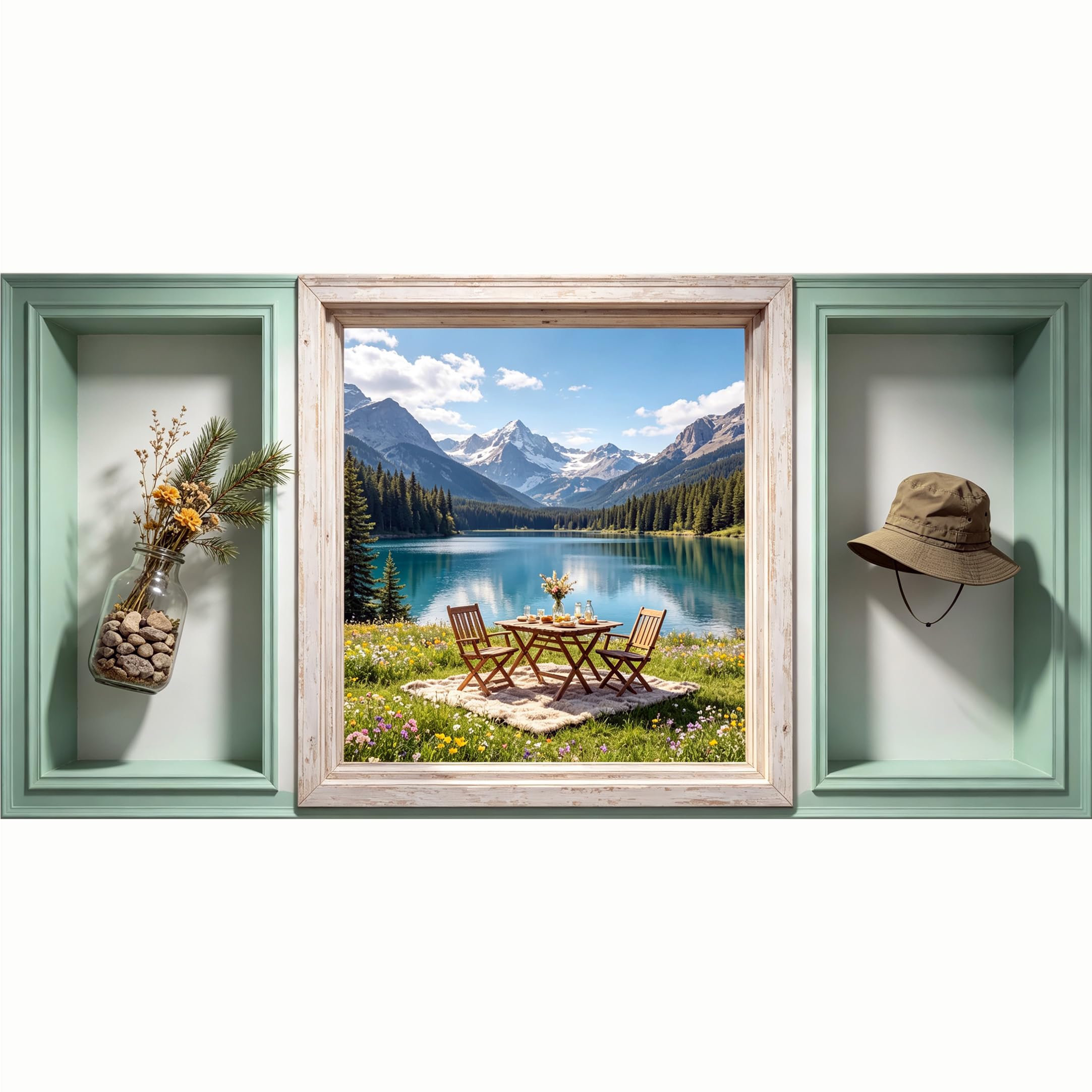 QZLITHOTIC 50x100cm 3D Framed Wall Art， Mountain Lake Scenic View SelfAdhesive Mural， WaterActivated Peel & Stick Fabric Decor Wall Decal for Bedroom Living Room