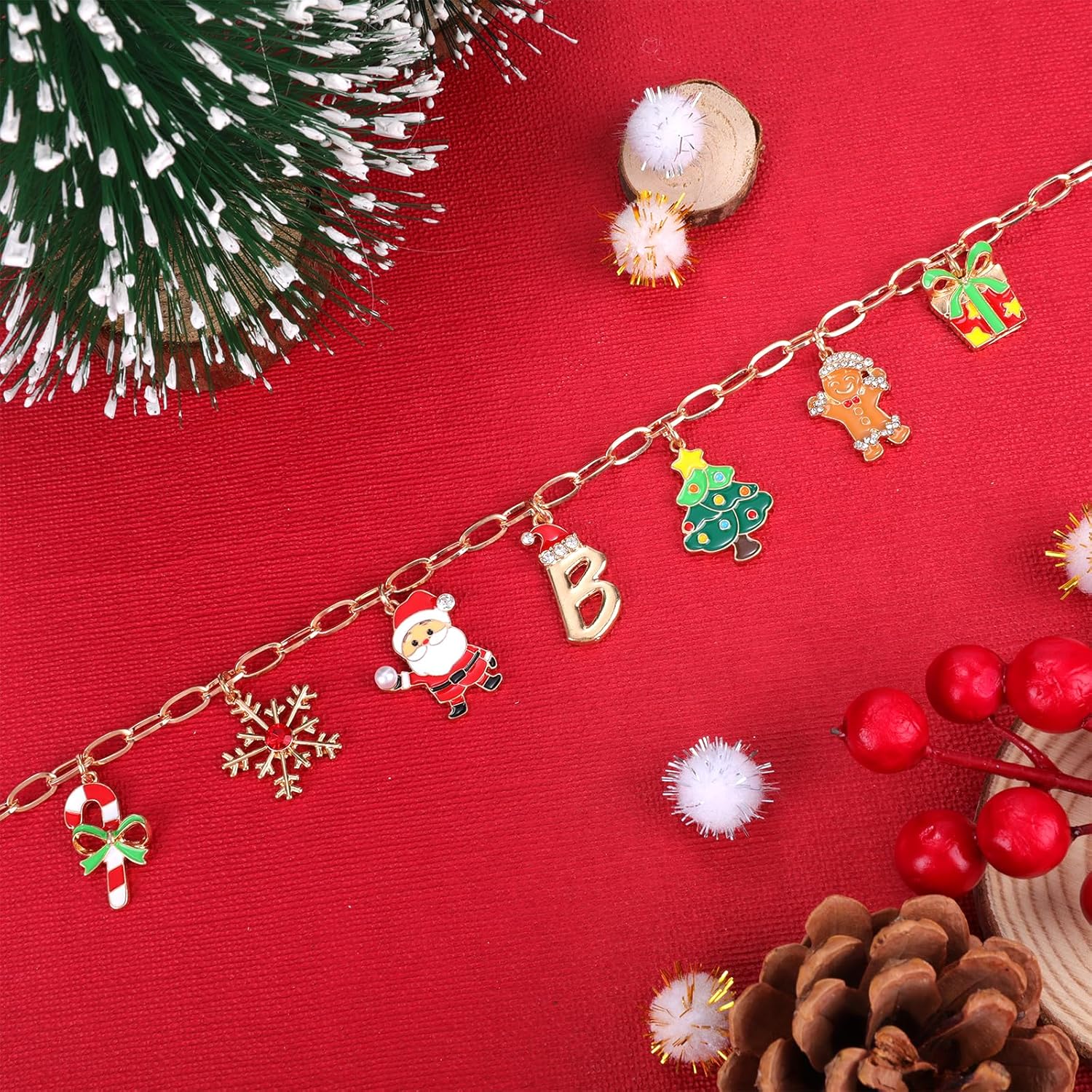 NEKOL Christmas Initial Letter-B Charm Necklace for Women, Candy Canes Snowflakes Santa Claus Christmas Tree Gingerbread Man Gift Box Colorful Holiday Charms Necklace for Personalized Christmas Gifts - Image 4