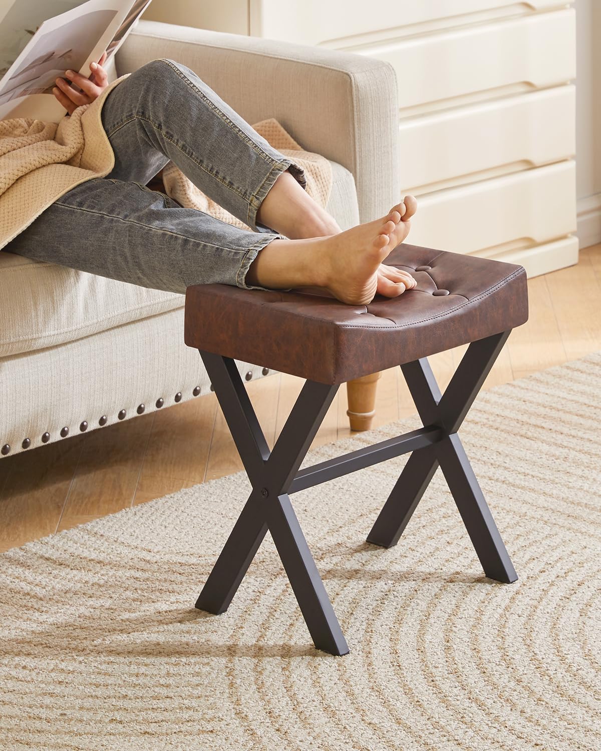 IBUYKE Tabouret de vanité PU, Chaise de Maquillage, Marron foncé WBD019Z | Square Ottoman Seat Footrest Multi-Use Petite Table latérale Chambre à coucher Salon