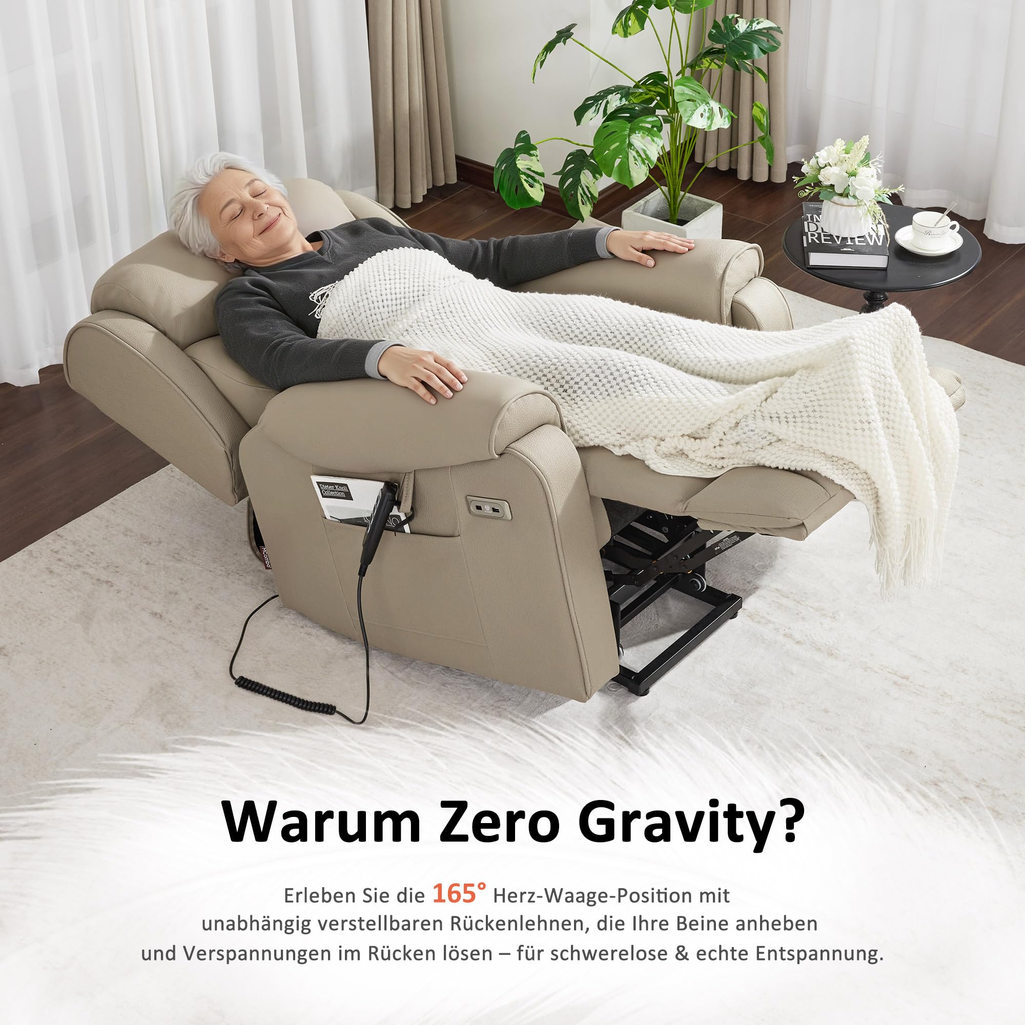 M MCombo Sillón TV 4 Motores con Ayuda para levantarse, eléctrico, Soporte Lumbar y reposacabezas Ajustables, Gravedad Cero 165°, Masaje y calefacción 7558 (Microfibra, Beige marrón)