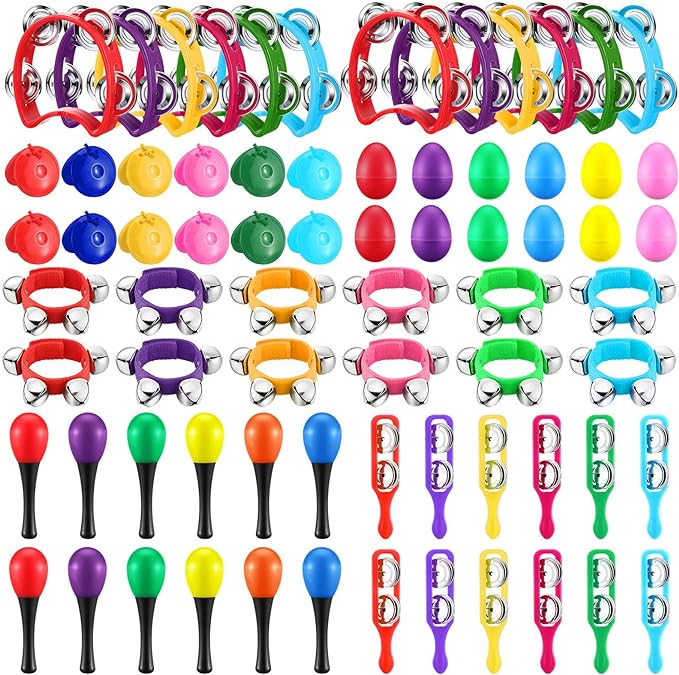 72 Pcs Shaker Musical Instruments for Kids Egg Shaker Wrist Hand Band Bells Maracas Percussion Tambourine Cymbals Plastic Castanets for Preschool Early Music Learning Toy