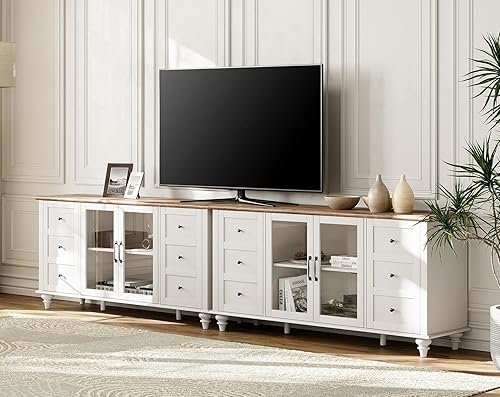 Miniatura 11 de Soporte de TV WAMPAT Farmhouse para televisores de hasta 65 pulgadas, gabinete de TV con puerta de vidrio y estante ajustable, centro de Blanco