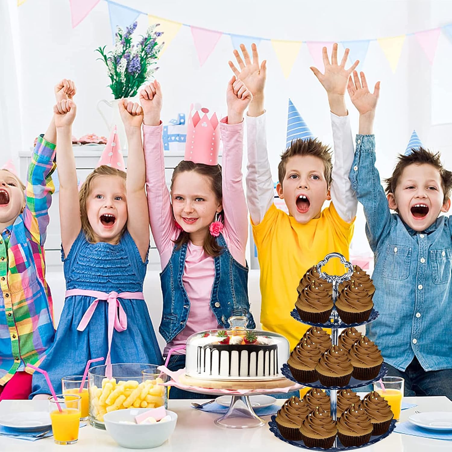 3-Tier Plastic Cake Stand Serving Tray Cupcake Stand Dessert Stand Cupcake Stand Tea Party Serving Platter Fruit Tea Party Stand for Birthday Wedding Parties Décor (D)