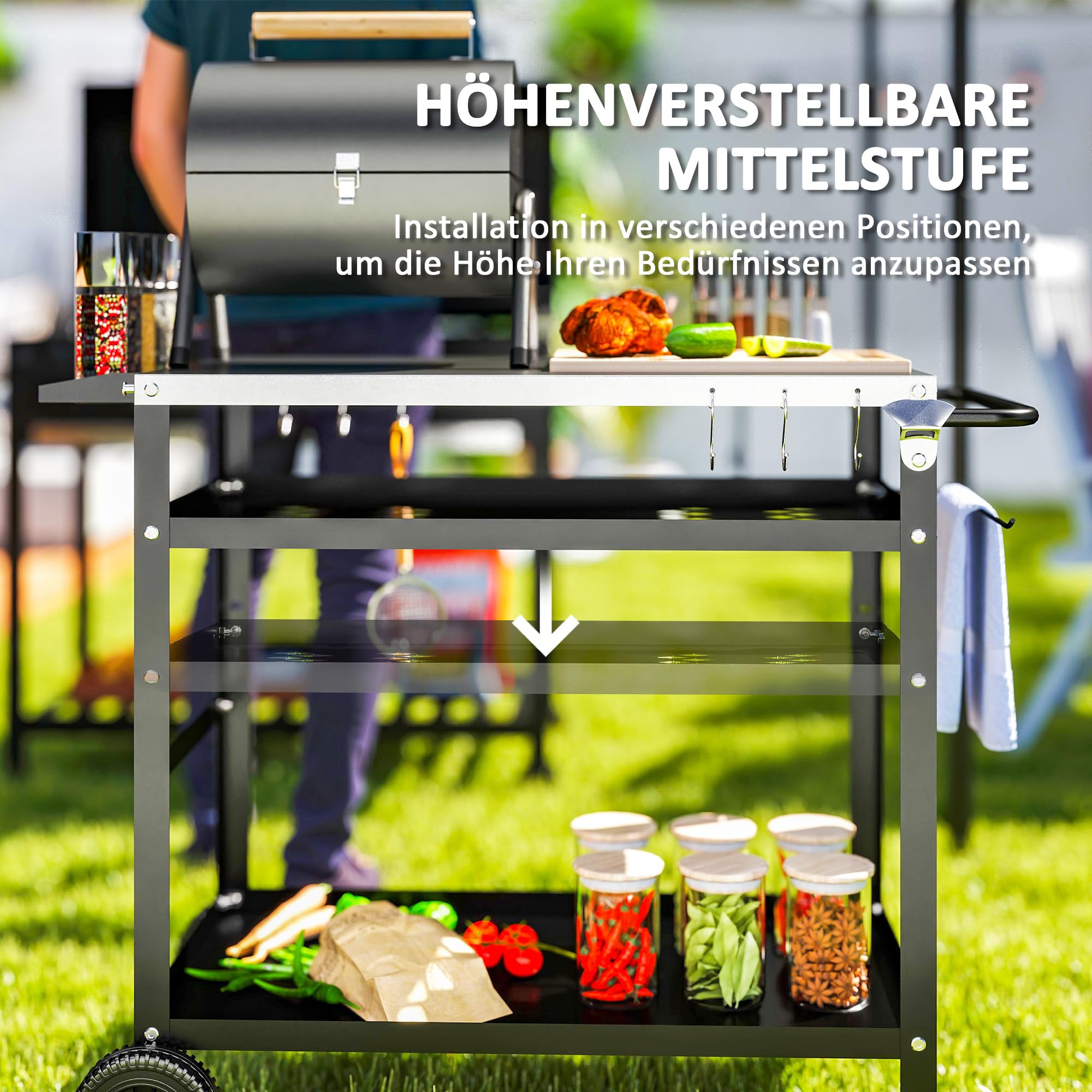Outsunny Grillwagen 3-Etagen Servierwagen mit Arbeitsfläche BBQ Grilltisch Edelstahl höhenverstellbar 100x52x80cm Schwarz