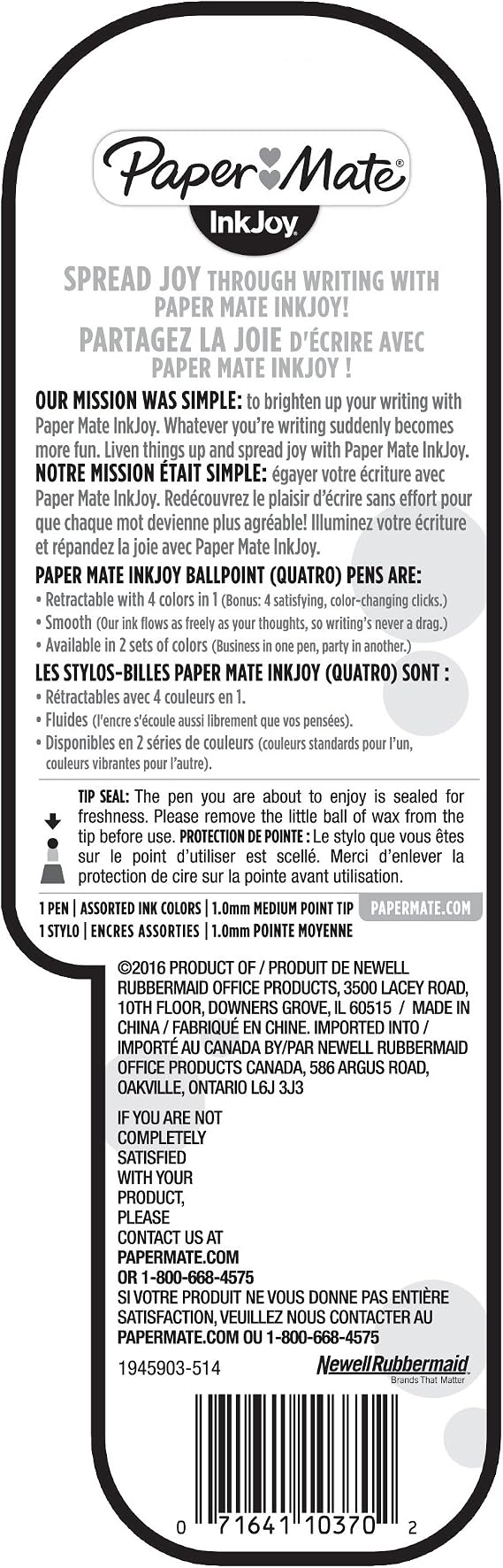 Paper Mate InkJoy Quatro Retractable Ballpoint Pen, Medium Point, Business Ink Colors, 1 Pack (1945903), Packaging may vary