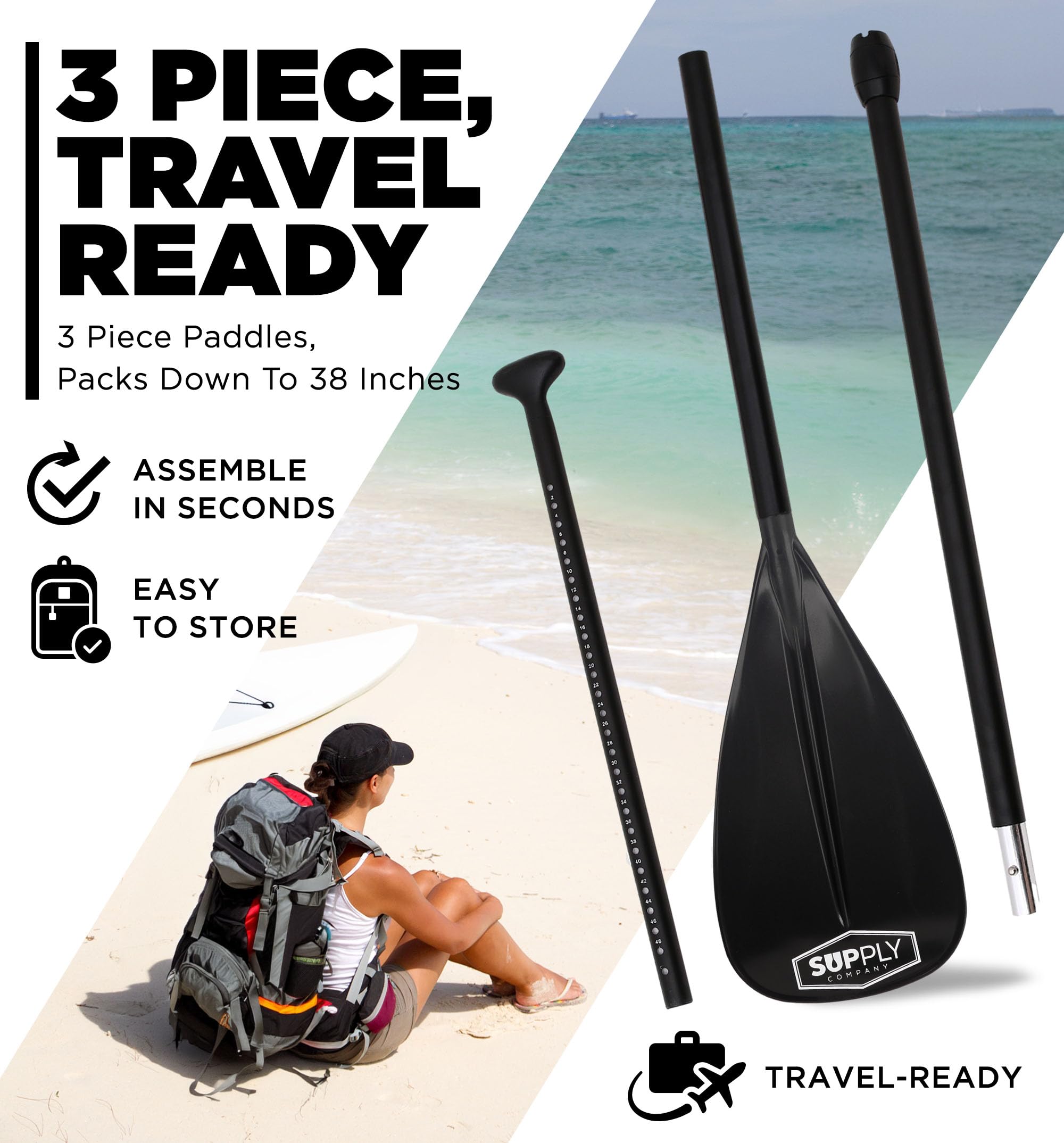 Sup Paddle - Paleta de Remo de 3 Piezas Ajustables, Ligera, Duradera y Plegable para Viajes, Paleta Flotante con Eje de Aluminio Hoja de Nailon para Trazos eficientes