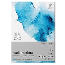 Winsor & Newton Carta per acquarello, Grana Fine, 300gr, Miscela Di Fibre di Cotone 25% e Cellulosa, Bianco Naturale,, Priva di Acidi, DIN A3, Blocco incollato 1 Lato, 12 Fogli