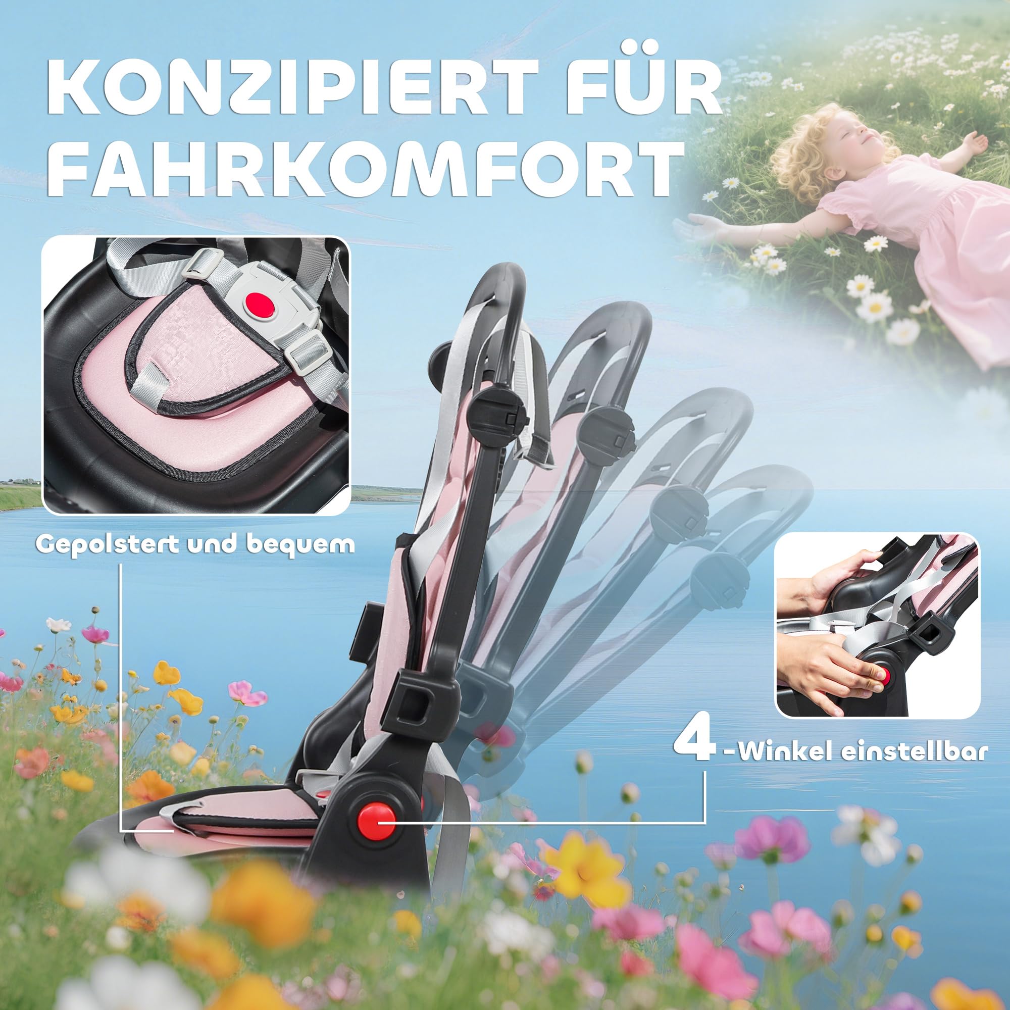 AIYAPLAY Dreirad 6in1 mit Schubstange für 1-5 Jahre Faltbar Kinderdreirad mit drehbarem Sitz, Korb, Tasche, Getränkehalter, klappbar Sonnendach, Sicherheitsgurt Rosa