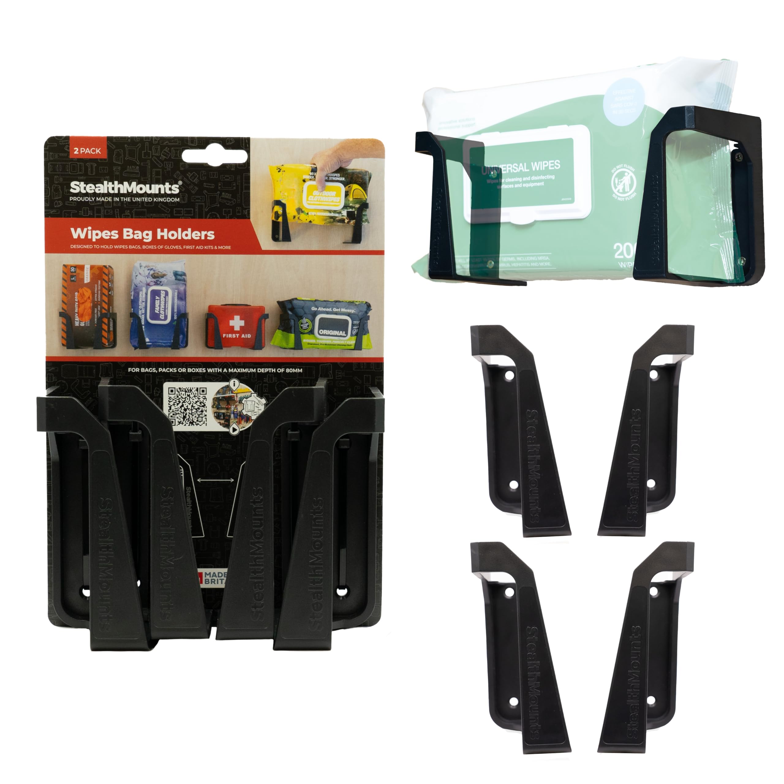 StealthMounts Wipe Holder – 2 Pack Wall Mount Wipe Dispensers & Storage Racks for Workshop, Garage & Cleaning Stations – Made in the UK