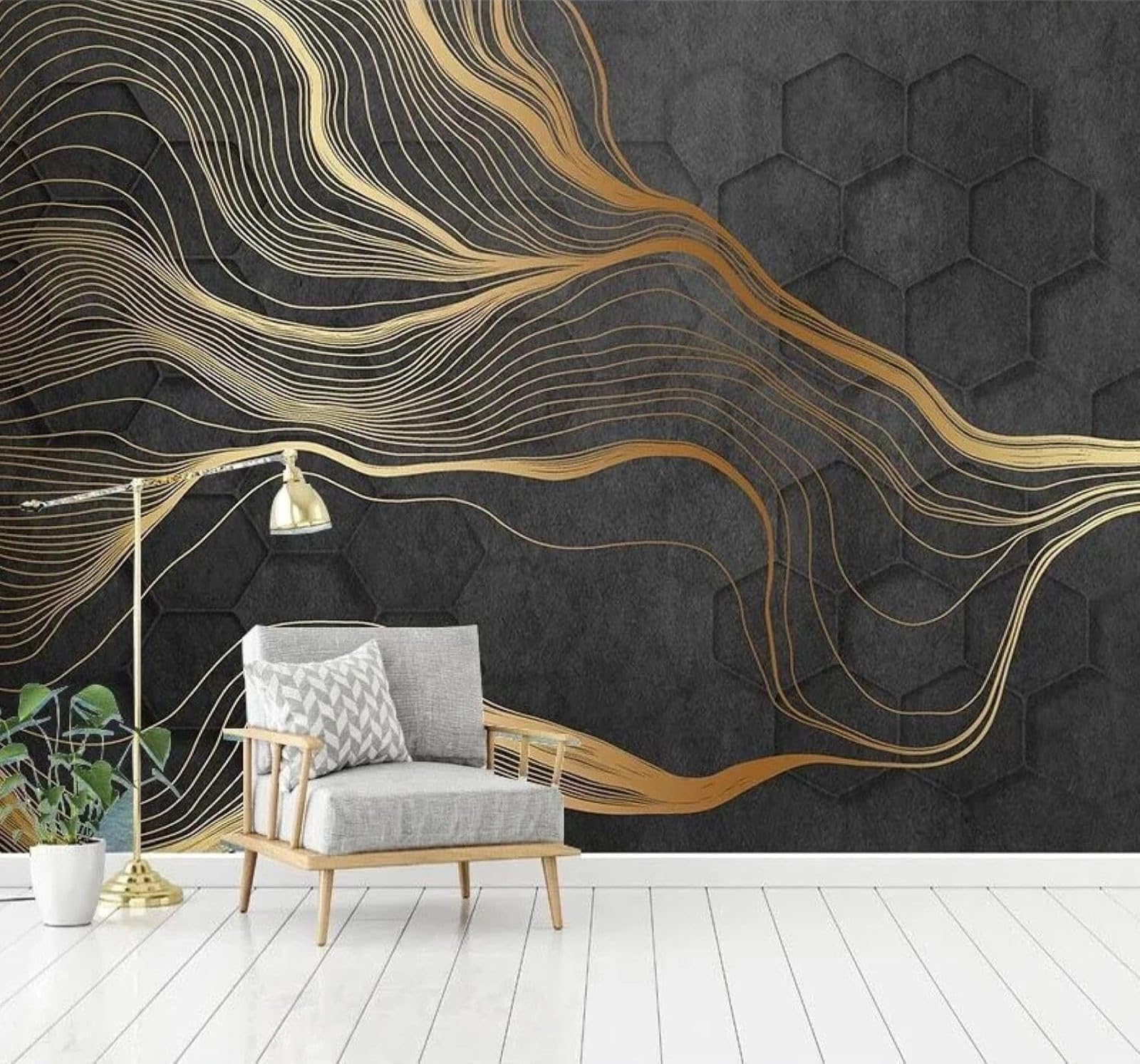 Tzxztt Hexagon Geometric Pattern Abstract Gold Thread Modern 3D Wallpaper Premium Textured Silk Neutral Tones Material Ideal for Living Room Bedroom-350cm×256cm