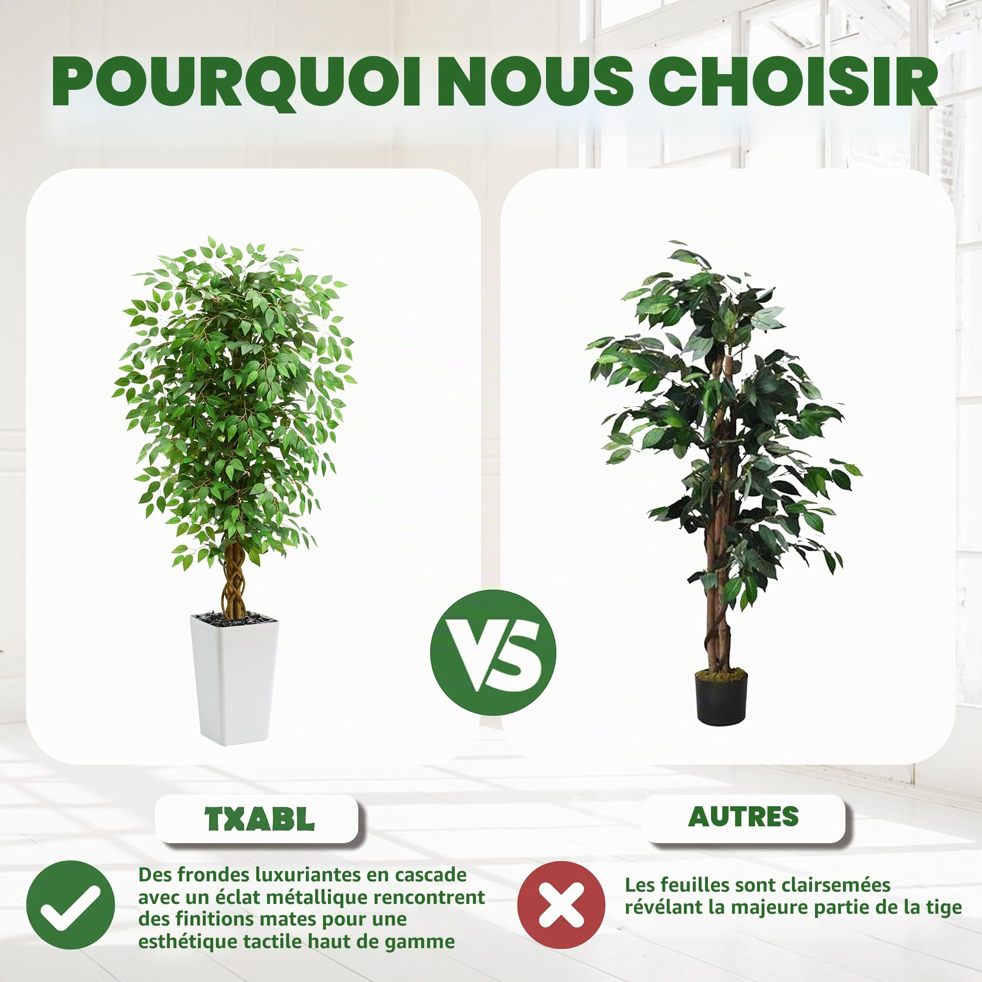 150cm Plantes Artificielles Ficus - Grande Arbre Artificiel, avec Troncs Incurvés Naturels, Fausse Plante pour Une Utilisation Intérieure et Extérieure, Bureaux, Salons ou Décoration de La Maison.