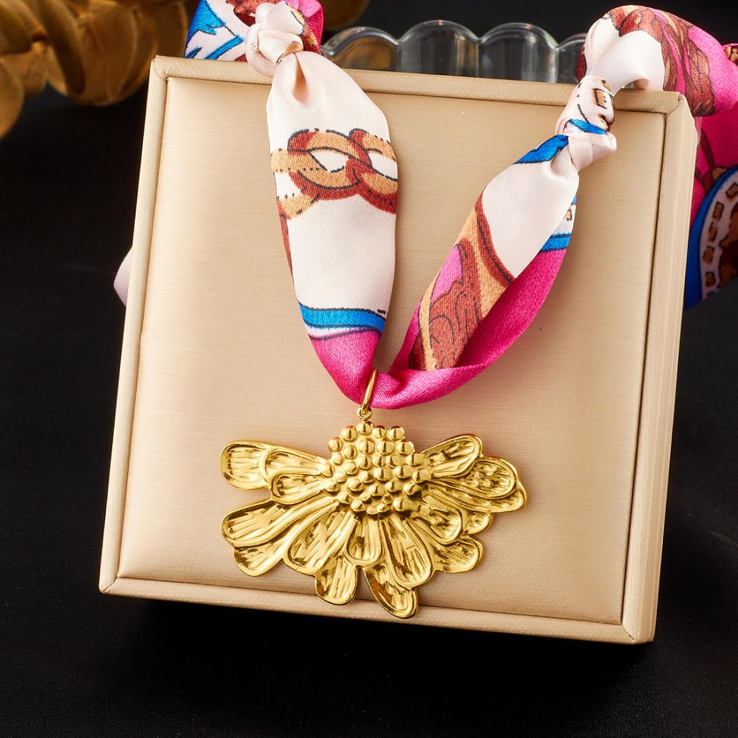 Scarf Necklace with Charm for Women, Gold Boho Western Pink Red Blue Green Silk Bandana Stainless Steel Bow Flower Heart Charm Choker Necklaces Trendy Vintage Handmade DIY Jewelry Gift - Image 5