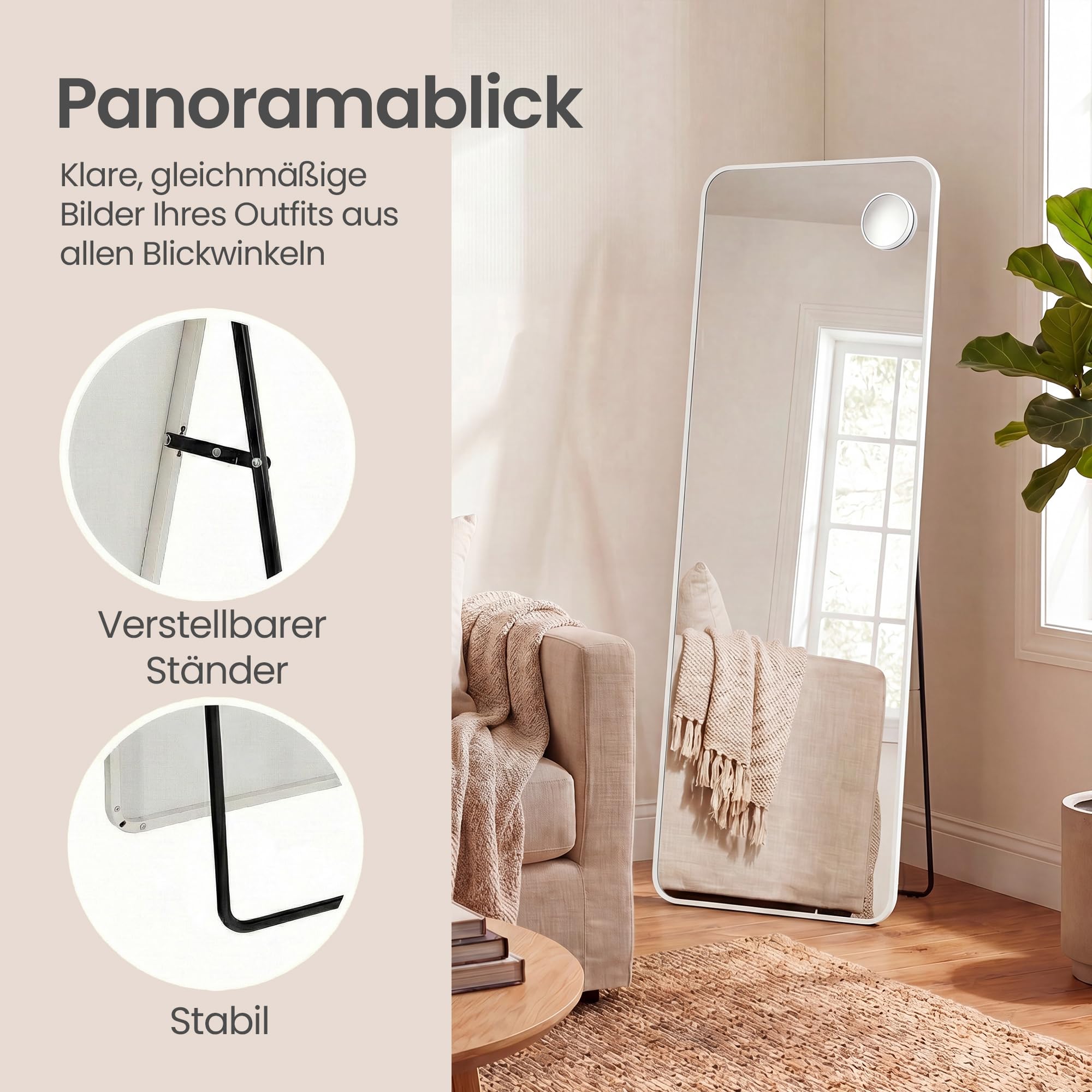 SONGMICS Ganzkörperspiegel, 160 x 50 cm, rechteckiger Standspiegel, mit Vergrößerungsspiegel, Rahmen aus Aluminiumlegierung, Hartglas, für Schlafzimmer, Wohnzimmer, Garderobe, mattweiß LFM030WC02