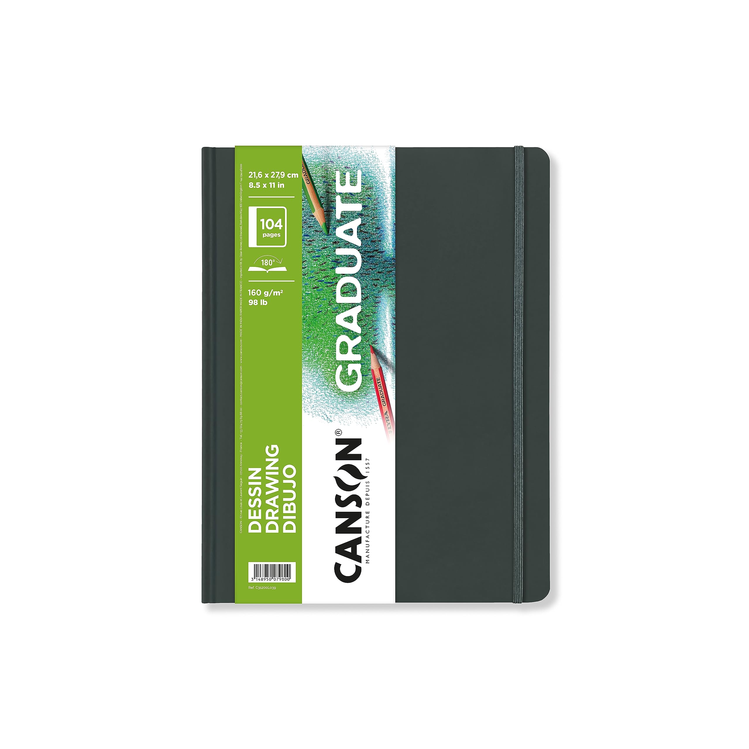 CANSON Graduate Hardbound Drawing Book, 160gsm 21.6 x 27.9cm, Light Grain Paper, 52 White Sheets, for Artist Students