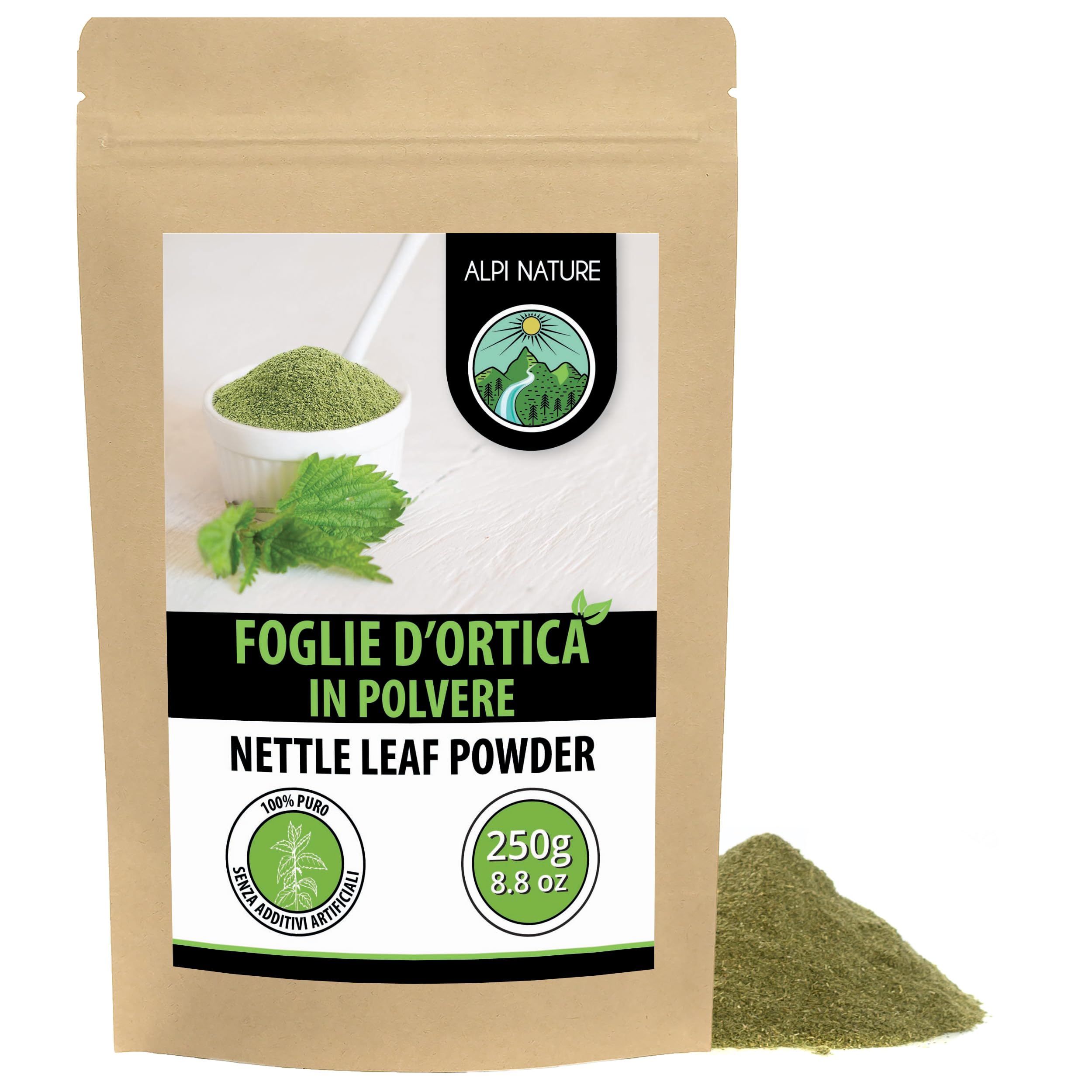 Alpi Nature Ortica Foglie in Polvere 250g, Foglie di Ortica Essiccate e Macinate, Urtica dioica