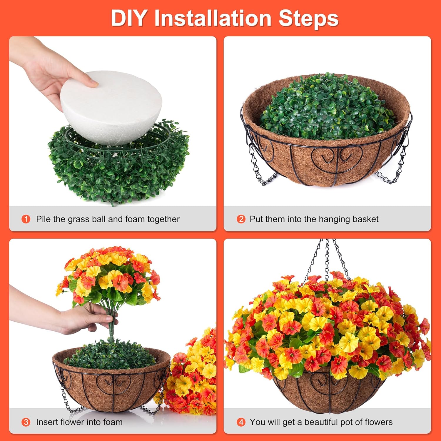 Artificial Hanging Flowers with Basket, Faux Silk Petunias Flower Arrangement, Coconut Lining with Morning Glories Fake Plants Patio Garden Porch Deck Fall Decor(Orange Yellow) - Image 4