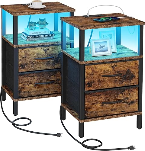 Miniatura 10 de TUTOTAK Mesa auxiliar con estación de carga, mesa auxiliar con 2 puertos USB y tomacorrientes, mesita de noche con cajón de tela, juego de 2, mesa