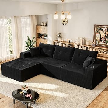 Luxanimarion 113" Modular Sectional Sofa for Living Room, Convertible L-Shape Couch with Ottoman, 4 Seater Modular Sectional Sofa,Black Corduroy