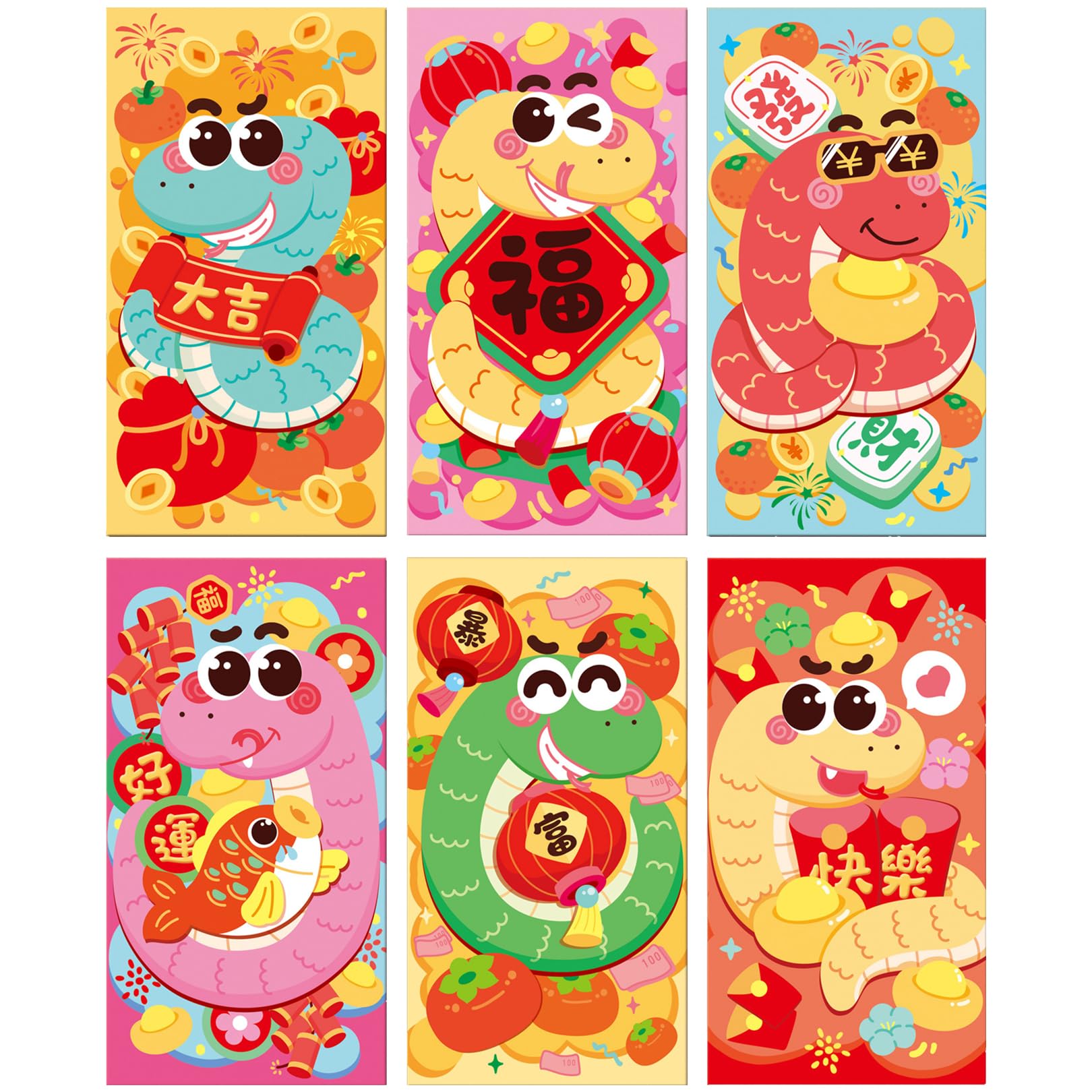 12pcs Chinese New Year Snake 2025 Red Envelopes, Cute Cartoon Snake Lai See for Cash Gifts, Lucky Money Pockets, Spring Festival Kids Hong Bao (Fu)
