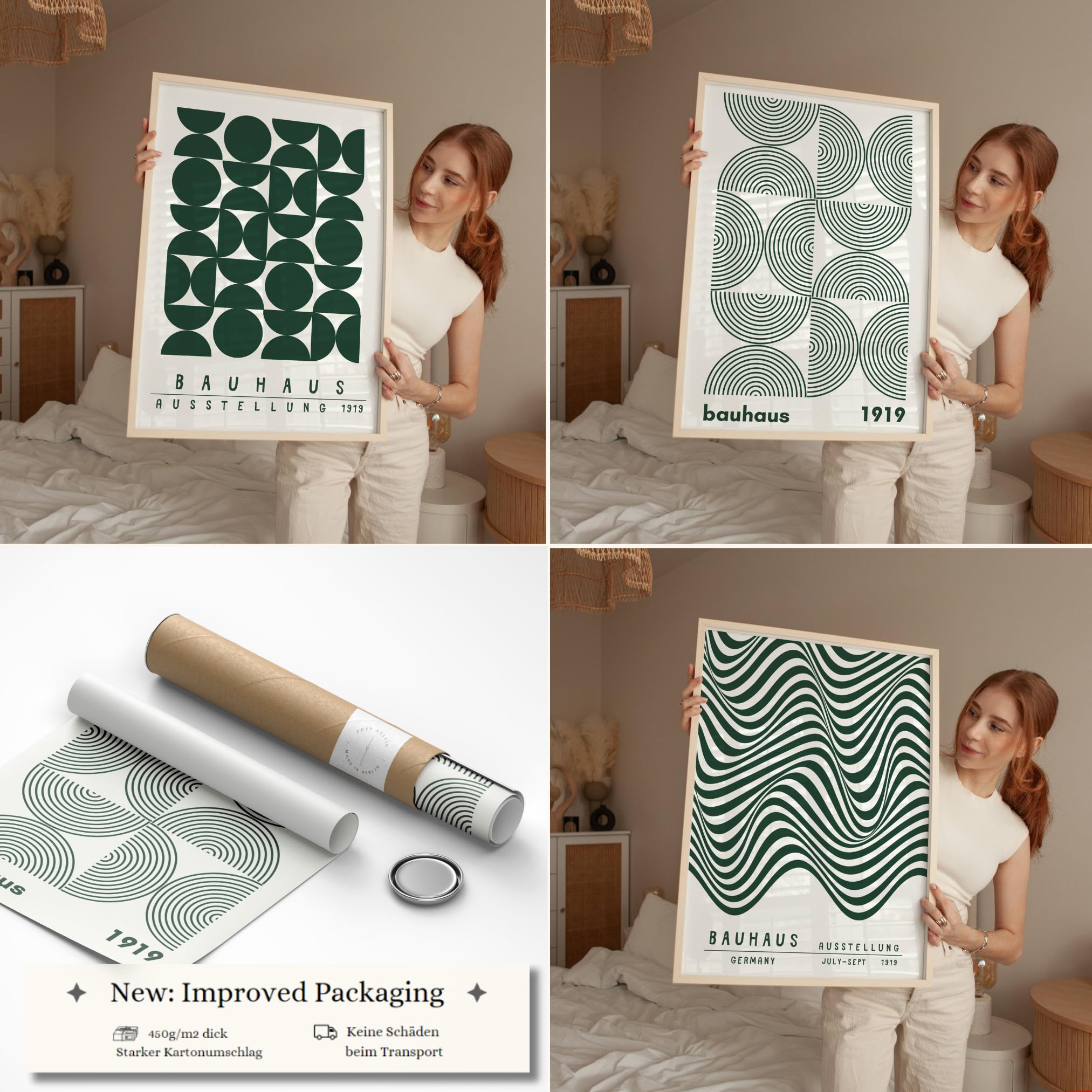 ZoeyAustin® Set di 3 poster d'arte senza cornice, 50 x 70, elegante poster da parete, 3 immagini, immagini fronte/retro (Bauhaus Verde)