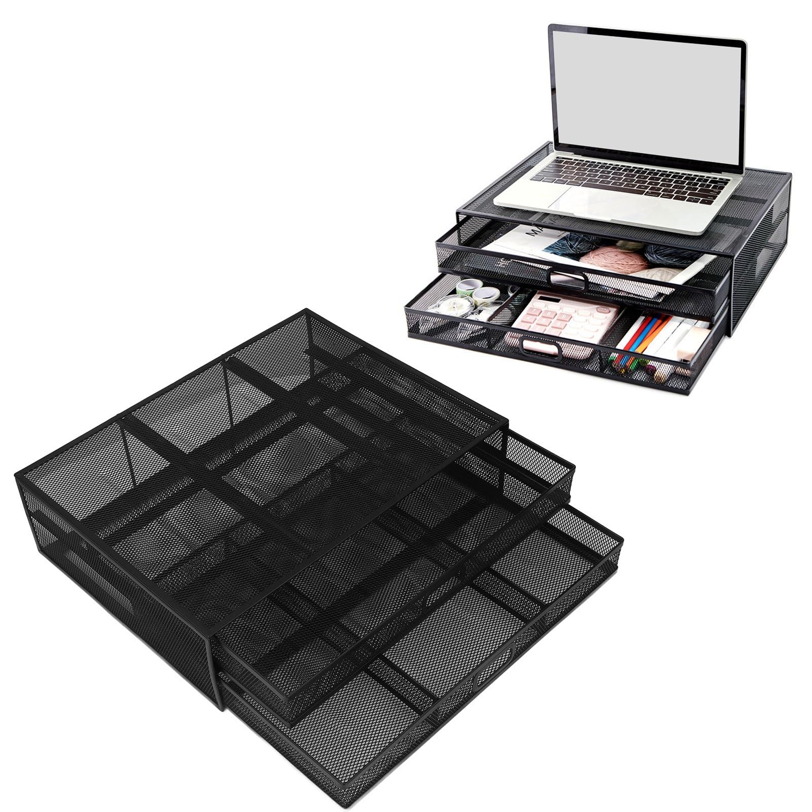 Jeanoko Podstawka Pod Monitor z szufladą zapewniającą Ergonomiczne oglądanie. Duża przestrzeń do Przechowywania Organizer na Biurko z Metalowej Siatki do Domowego Biura 40,4 Cm