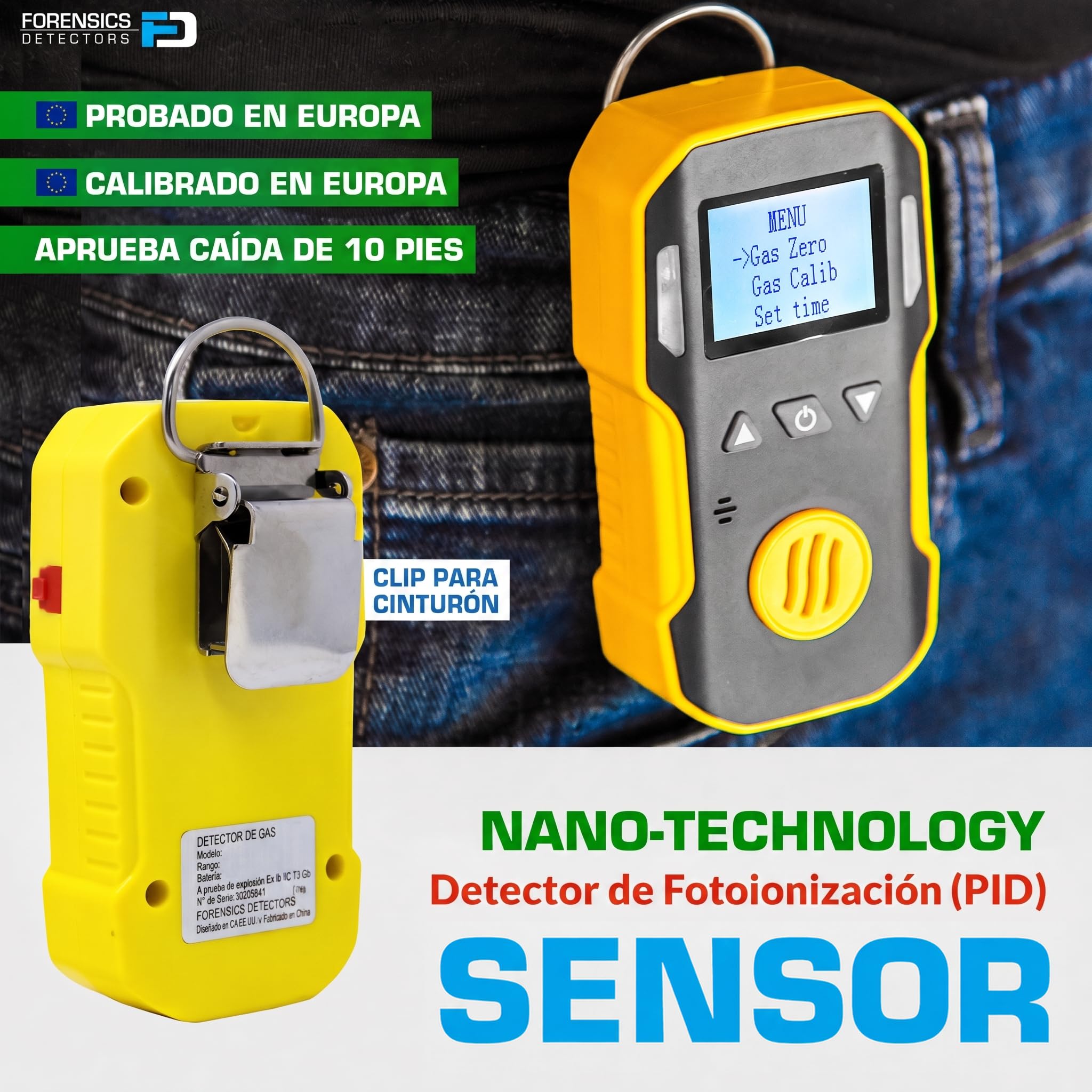 Detector de Benceno (C6H6) | Certificado de Calibración EU | Recarga USB | Alarmas Sonoras, Luminosas y por Vibración | 0–20 ppm C6H6