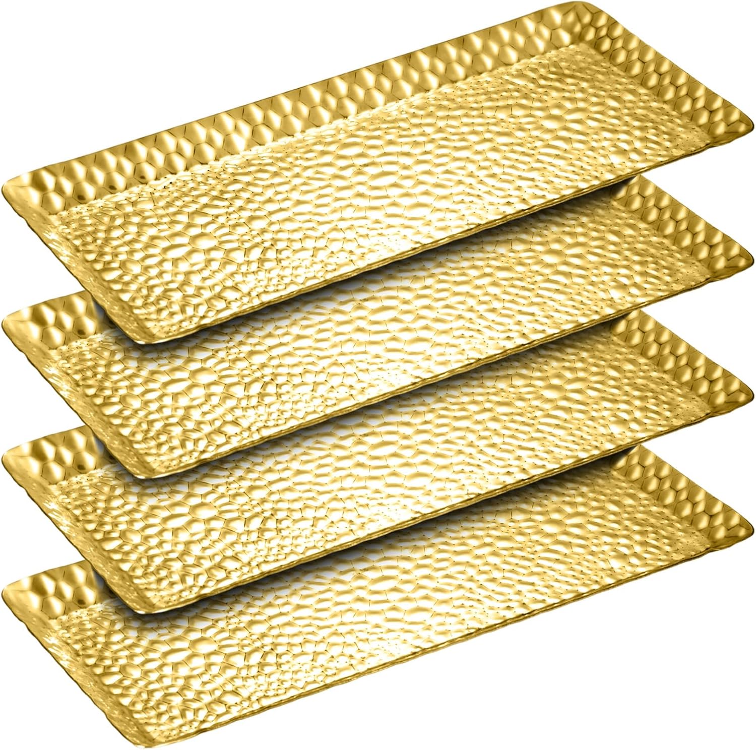4 Pcs Gold Serving Tray 9.8 x 4.3 x 0.6 Inch Hammered Rectangle Stainless Steel Small Metal Tray Decorative for Vanity Platter Kitchen Bathroom Counter Storage Counter Organizer
