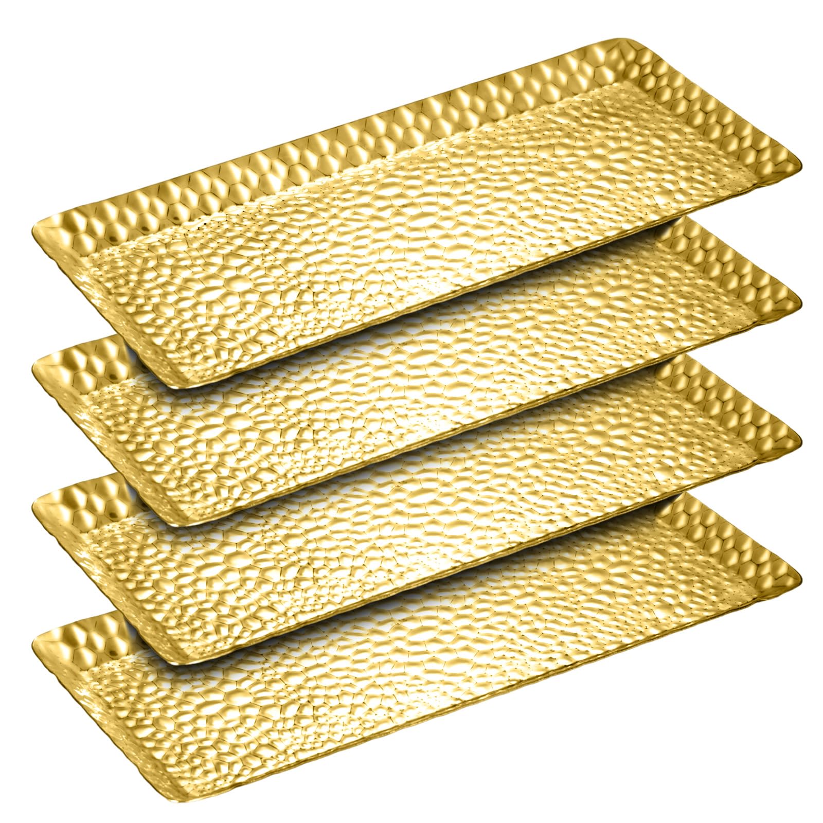 Photo 1 of Teenyyou 3 Pcs Gold Serving Tray 9.8 x 4.3 x 0.6 Inch Hammered Rectangle Stainless Steel Small Metal Tray Decorative for Vanity Platter Kitchen Bathroom Counter Storage Counter Organizer