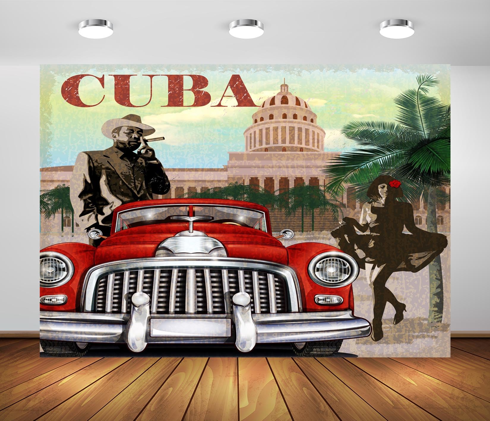 BELECO 9x6ft Fabric Cuba Havana Backdrop Vintage Classic Red Car Palm Trees Background Poster for Cuba Havana Party Decorations Photo Booth Shoot