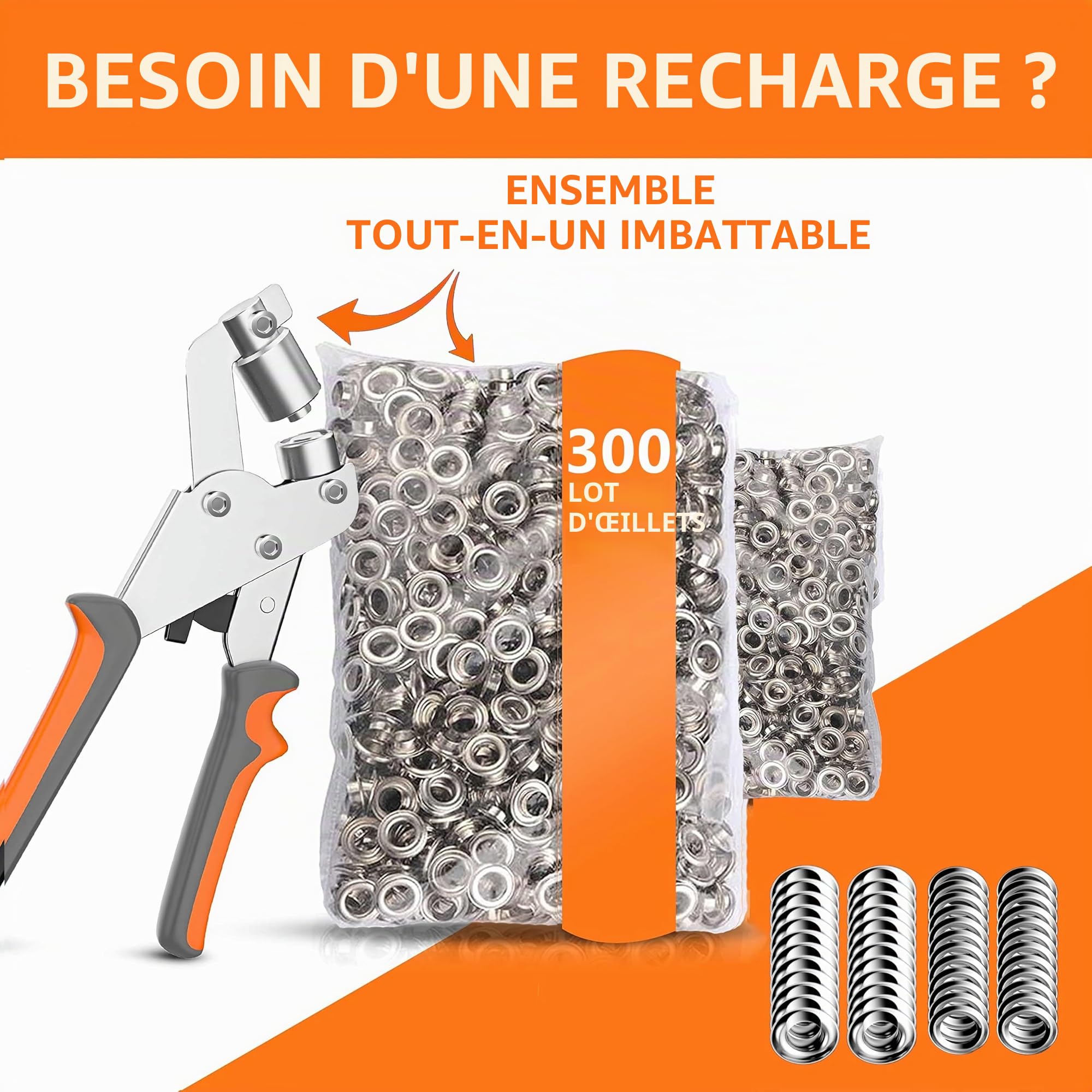 Pince à Oeillets pour Bâches et Tissus - Pince à Oeillets Professionnelle avec 300 Oeillets (Ø 10mm), Poinçonneuse à Oeillets Magnétique en Acier au Carbone pour Parfaits, Argentée
