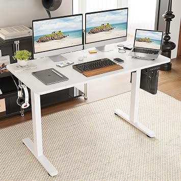 White Electric Standing Desk 48 x 24 Inch, Height Adjustable Sit Stand Desk with 4 Memory Presets, Computer Table with Carbon Steel Frame Suitable for Home Office Gaming Study