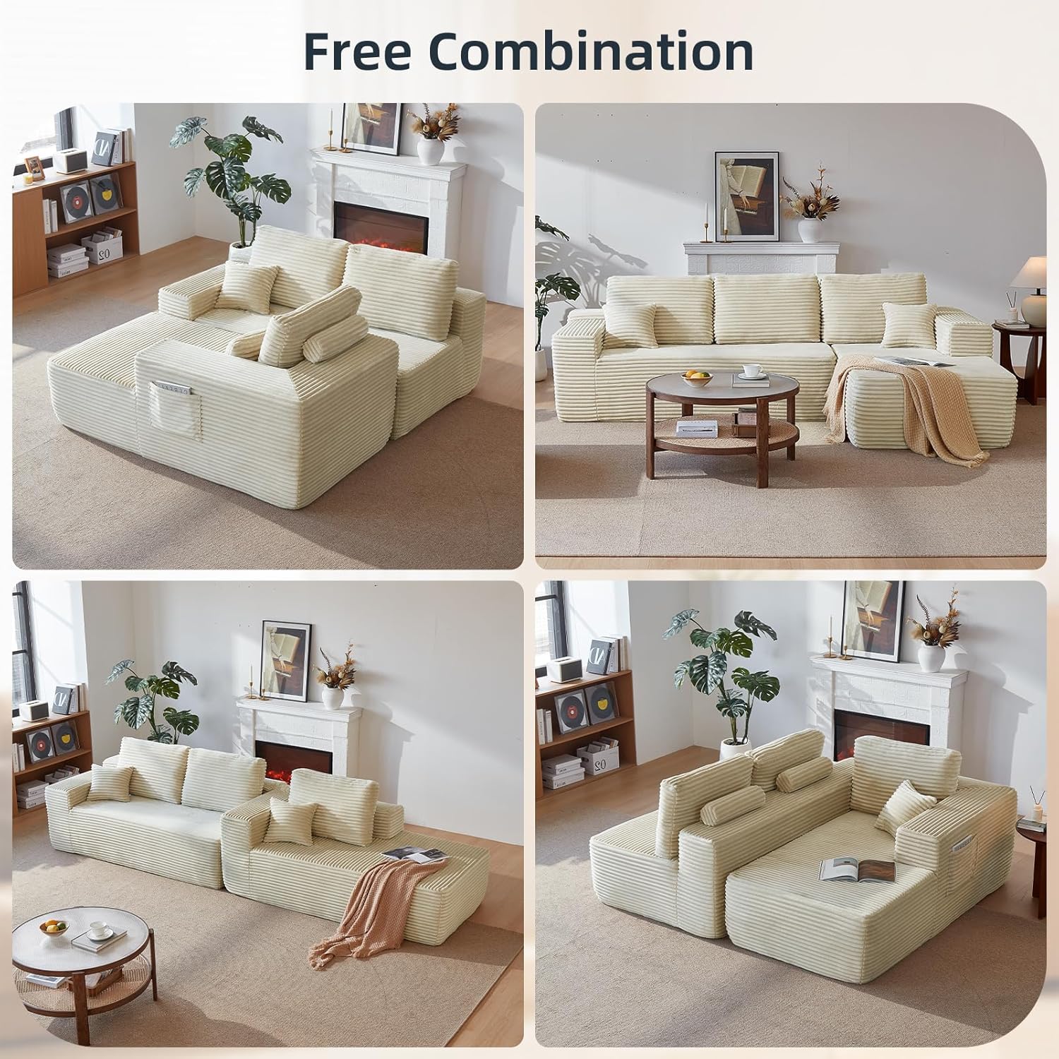 Rovibek 105" Boneless Couches for Living Room, Beige Couch with Chaise, Modular Sectional Sofa with Throw Pillow & Deep Seat, No Assembly Required Compressed Sofa