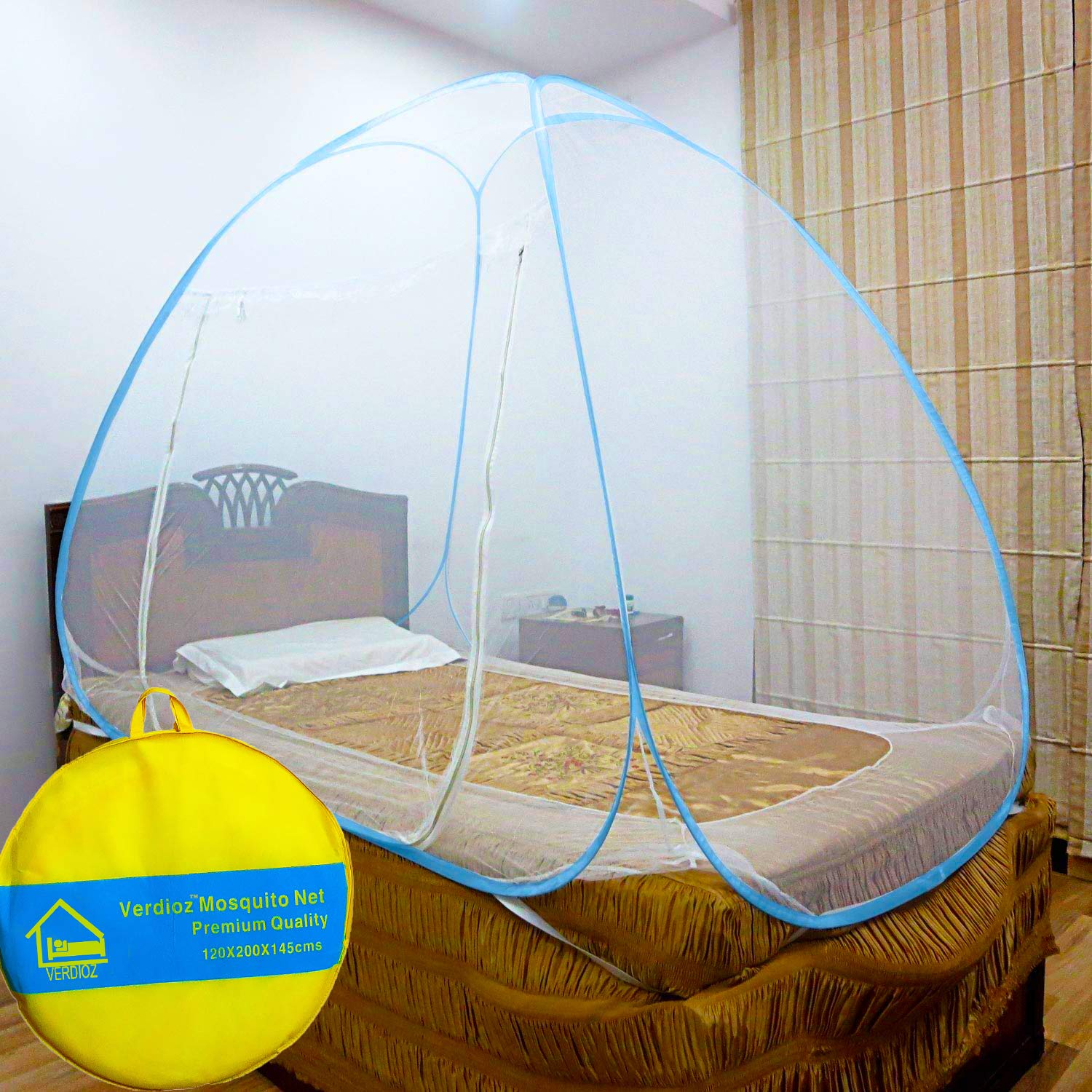 VERDIOZ Single Bed Size Mosquito Net Machardani Foldable for Adult | Kids | Baby, Corrosion Free Steel Wire, 30 GSM Bright White Net with Saviour Kit -(120X200X145 Cm, Blue) (B07SXH2S68) Amazon Price History, Amazon Price Tracker