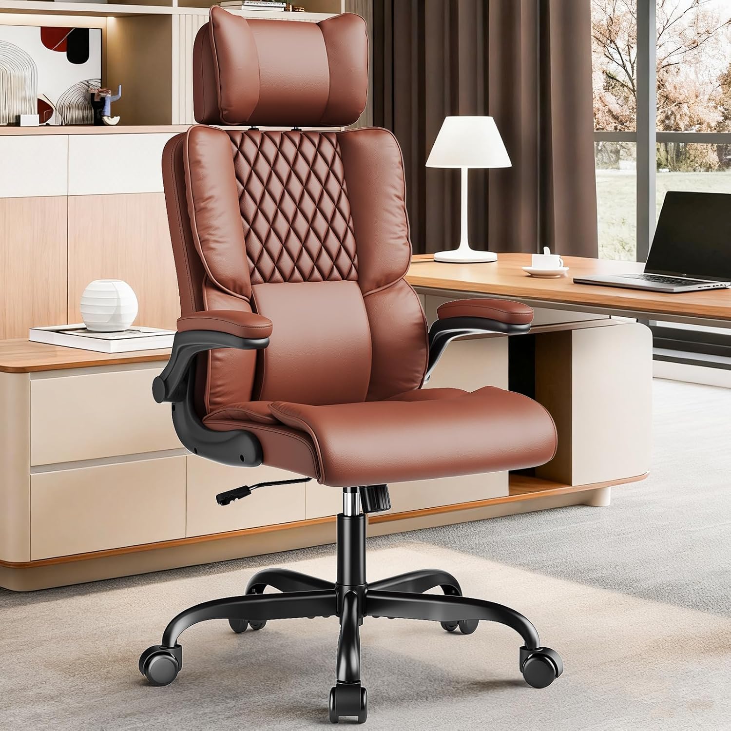 Sytas Executive Office Ergonomic Chair with Adjustable Headrest, PU Leather Desk Chair, High-Back Swivel Task Chair for Home Office, 135° Reclining, Black