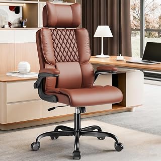 Sytas Ergonomic Executive Chair Brown PU Leather High-Back Desk Chair Adjustable Headrest 135° Recline Home Office Swivel Task Chair