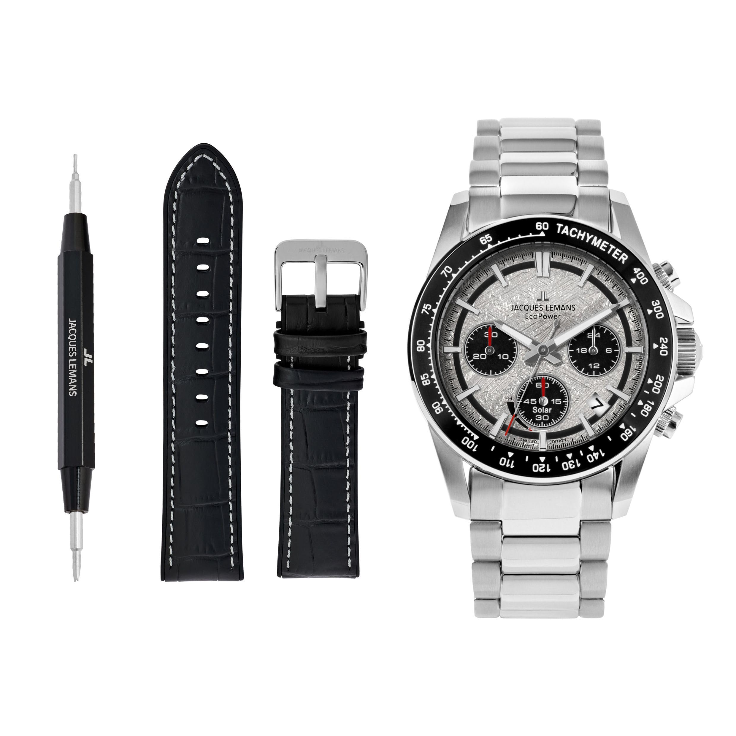JACQUES LEMANS 50-10A Solar Chronograph Limited Edition zegarek męski 42 mm szkło szafirowe 10 ATM bransoletka ze stali nierdzewnej kolor srebrny ze skórzanym paskiem