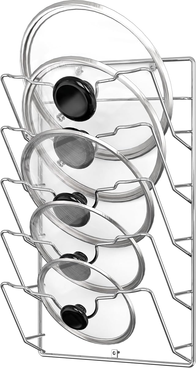 Wall Door Mounted Pot Lid Rack Organizer, Chrome Finish | 9.5" W x 4.5" D x 17.2" H Shelf