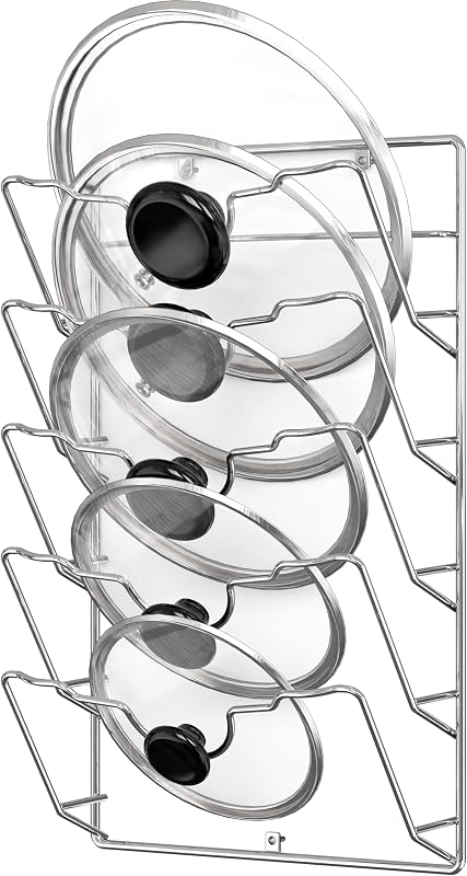 Wall Door Mounted Pot Lid Rack Organizer, Chrome Finish | 9.5" W x 4.5" D x 17.2" H Shelf
