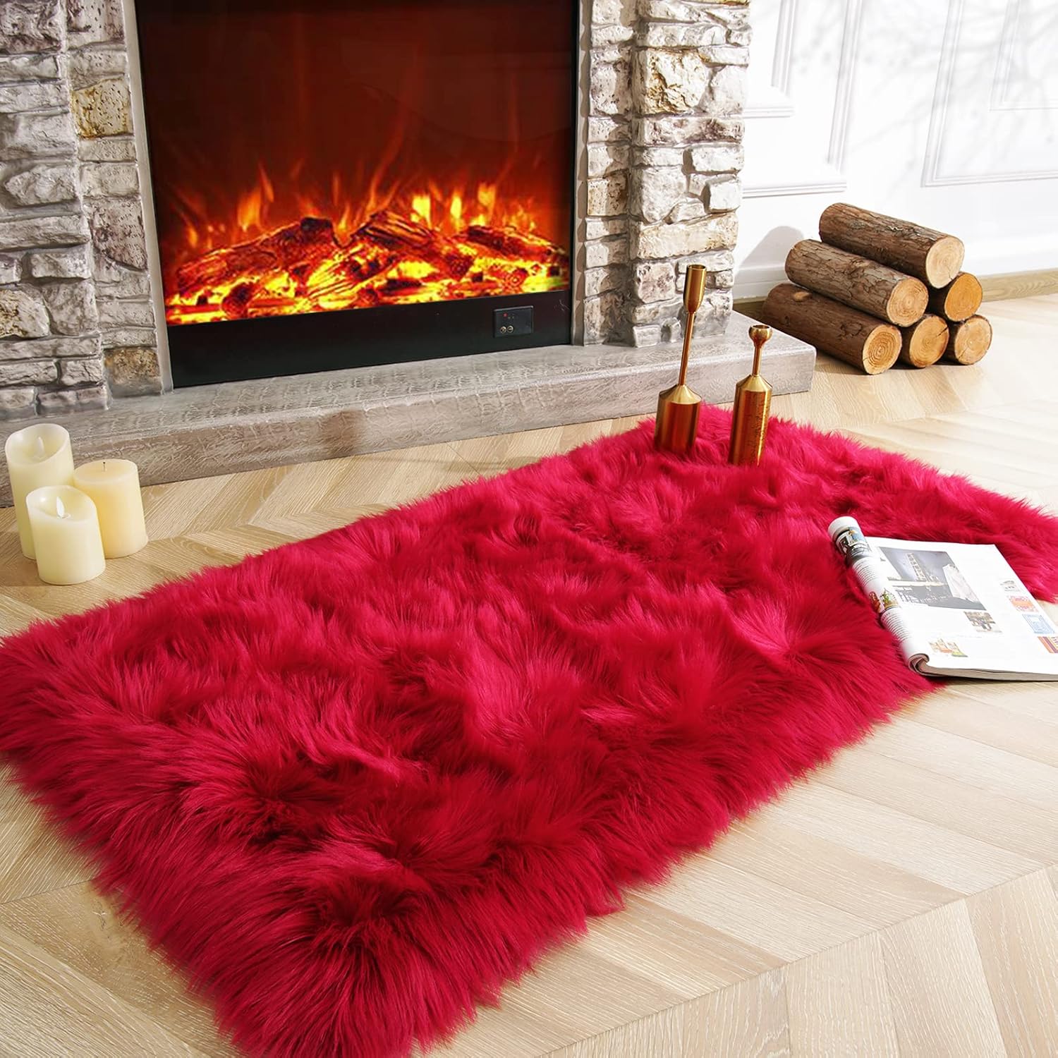 HOMORE Soft Fluffy Faux Fur Area Rug for Bedroom Living Room, Extra Comfy and Fuzzy Rugs, Washable Plush Carpet for Bed Home Decor, 2×4 Feet Red