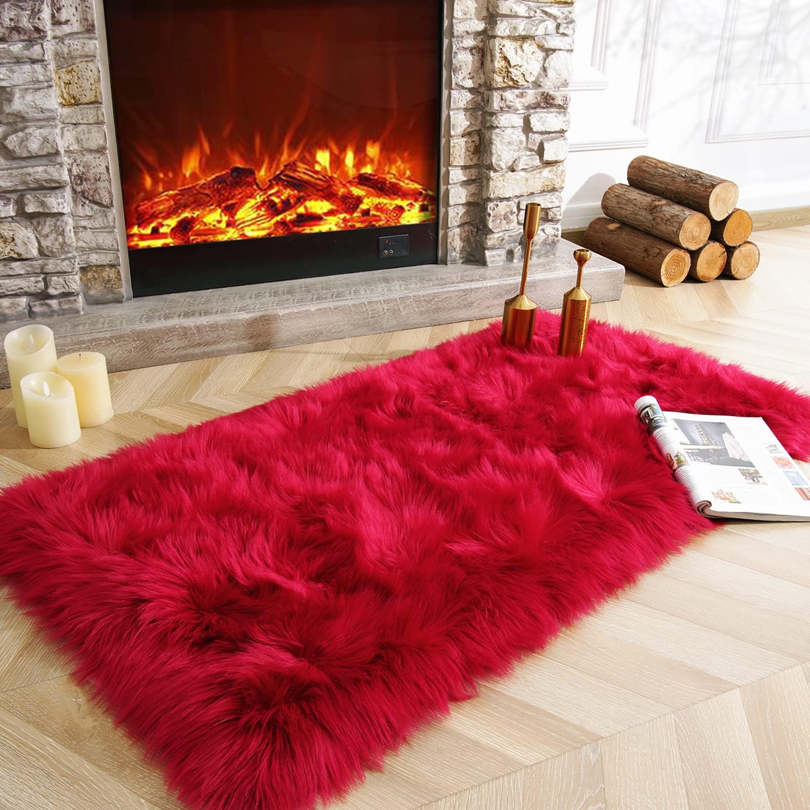 HOMORE Soft Fluffy Faux Fur Area Rug for Bedroom Living Room, Extra Comfy and Fuzzy Rugs, Washable Plush Carpet for Bed Home Decor, 2x4 Feet Red