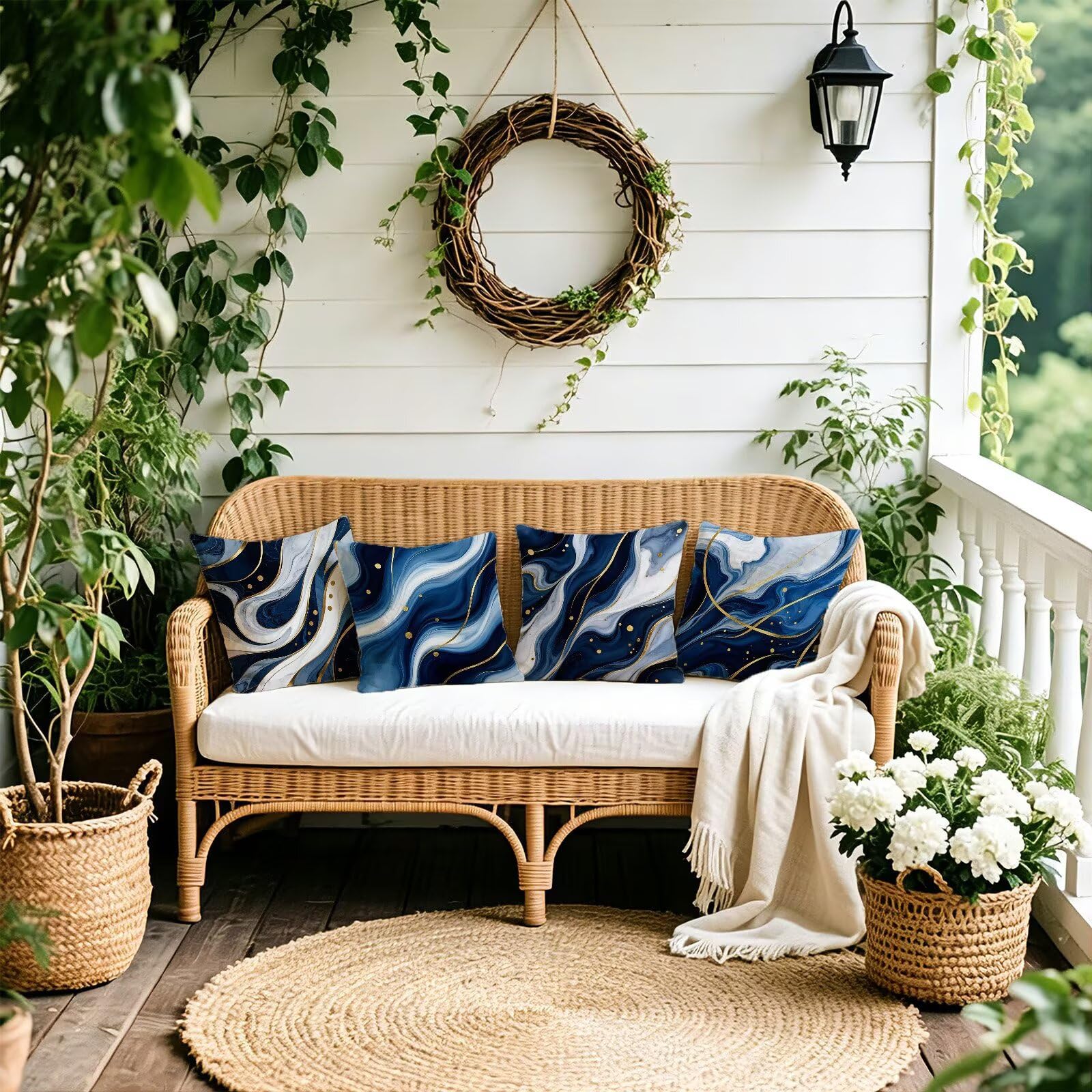 Blu Federe Cuscini Divano 50x50cm, Cuscini da Esterno Set de 4, Cod-90 | Velour Copricuscini Decorativi Letto Arredo, per Letto, Soggiorno, Giardino, Esterno, Casa Decorazione Set di 4 Linea