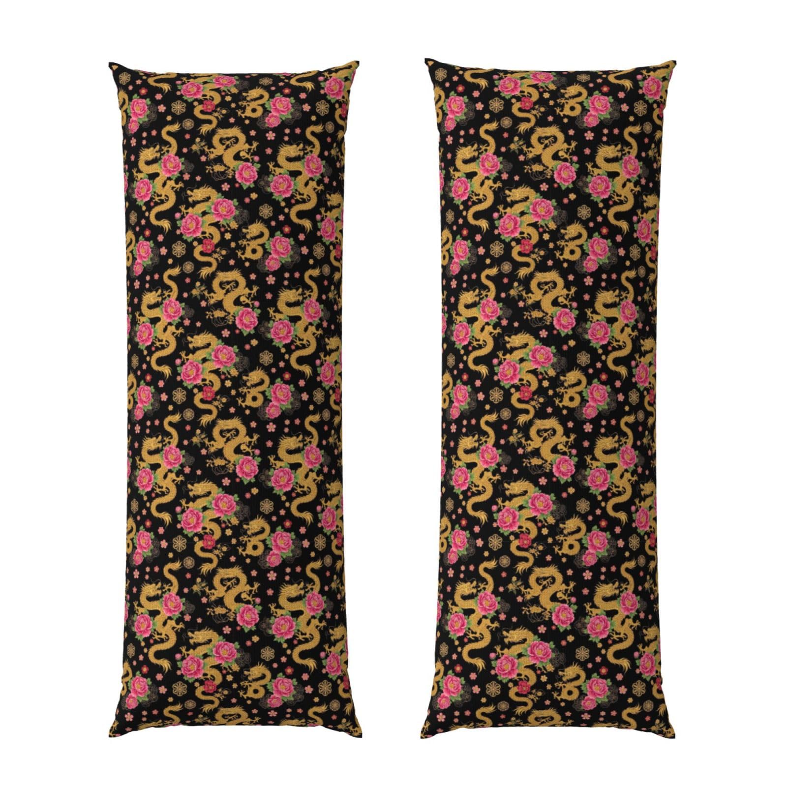 Long Body Pillow Cover 20x54, Chinese Peonies Flroal Traditional Dragon, Plush Velvet Pillowcase with Zipper, Cozyffy Rectangular Case for Bedroom Couch Sofa Sleeping