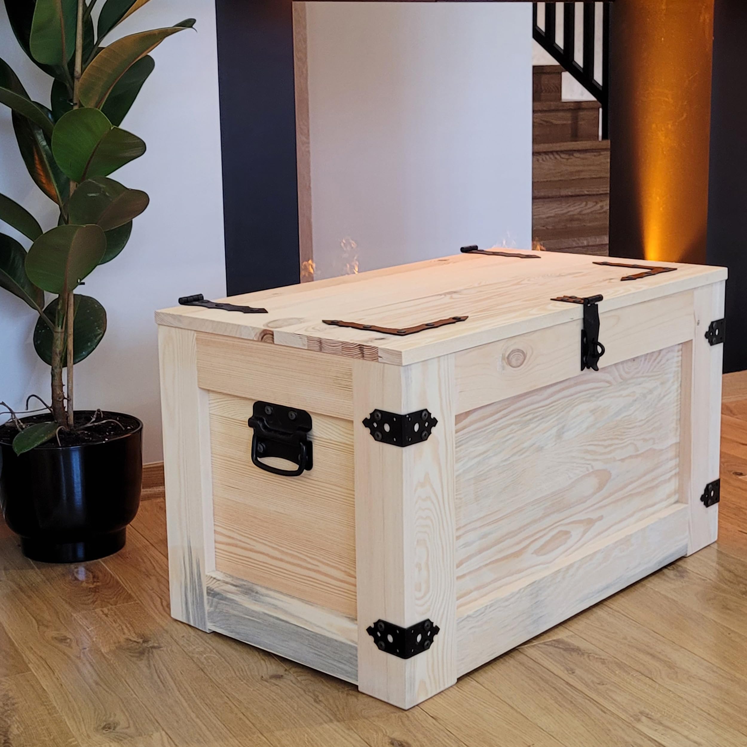 weeco Holzkiste mit Rädern 80x45x45cm, Hölzerne Truhe unbemalt rohes Holz Malen Sie die Kisten in einer beliebigen Farbe, Beistelltisch im Vintage-Shabby-Chic-Stil, aufklappbare Platte und Stauraum